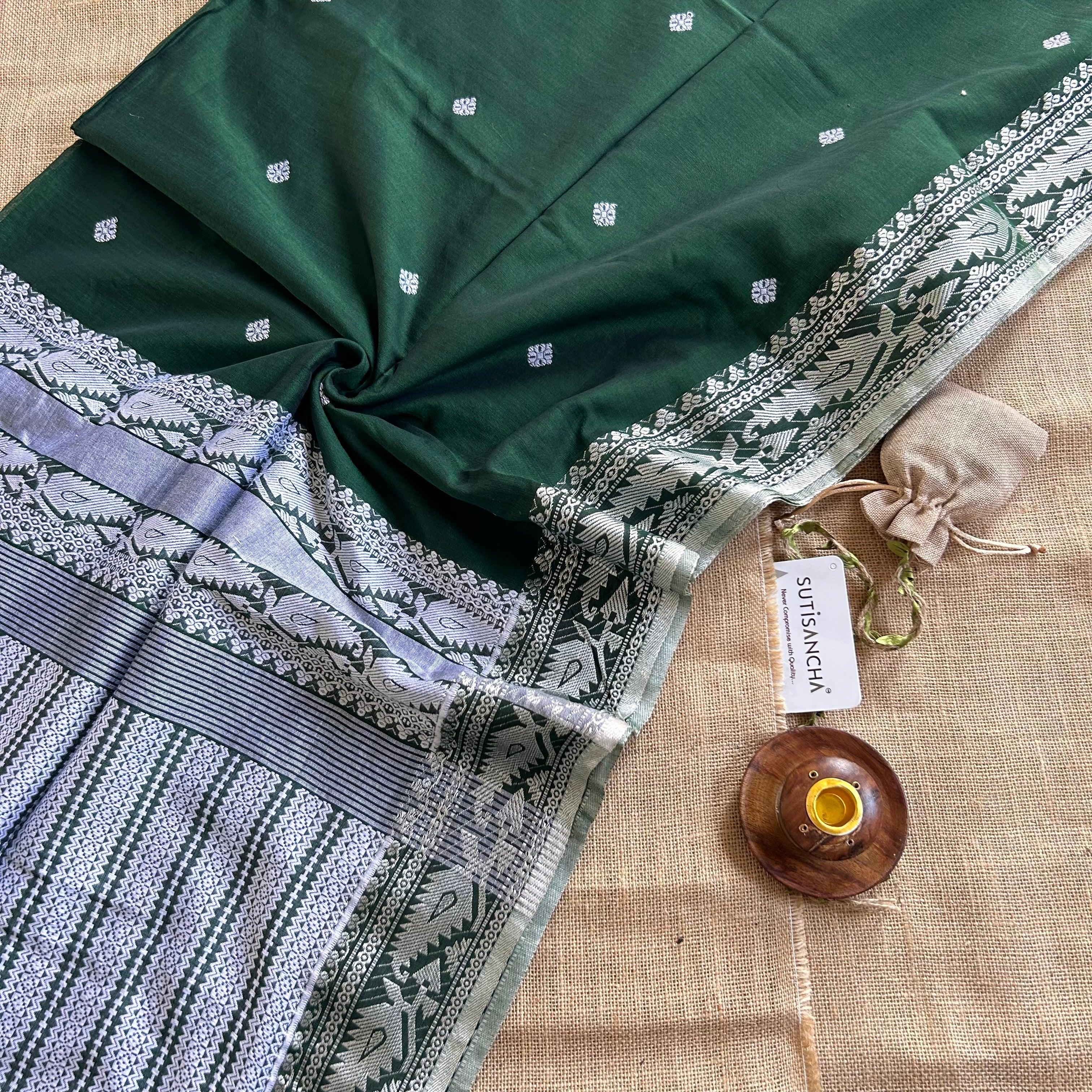 Pure Handloom Cotton Green jamdani Weaving saree - Suti Sancha