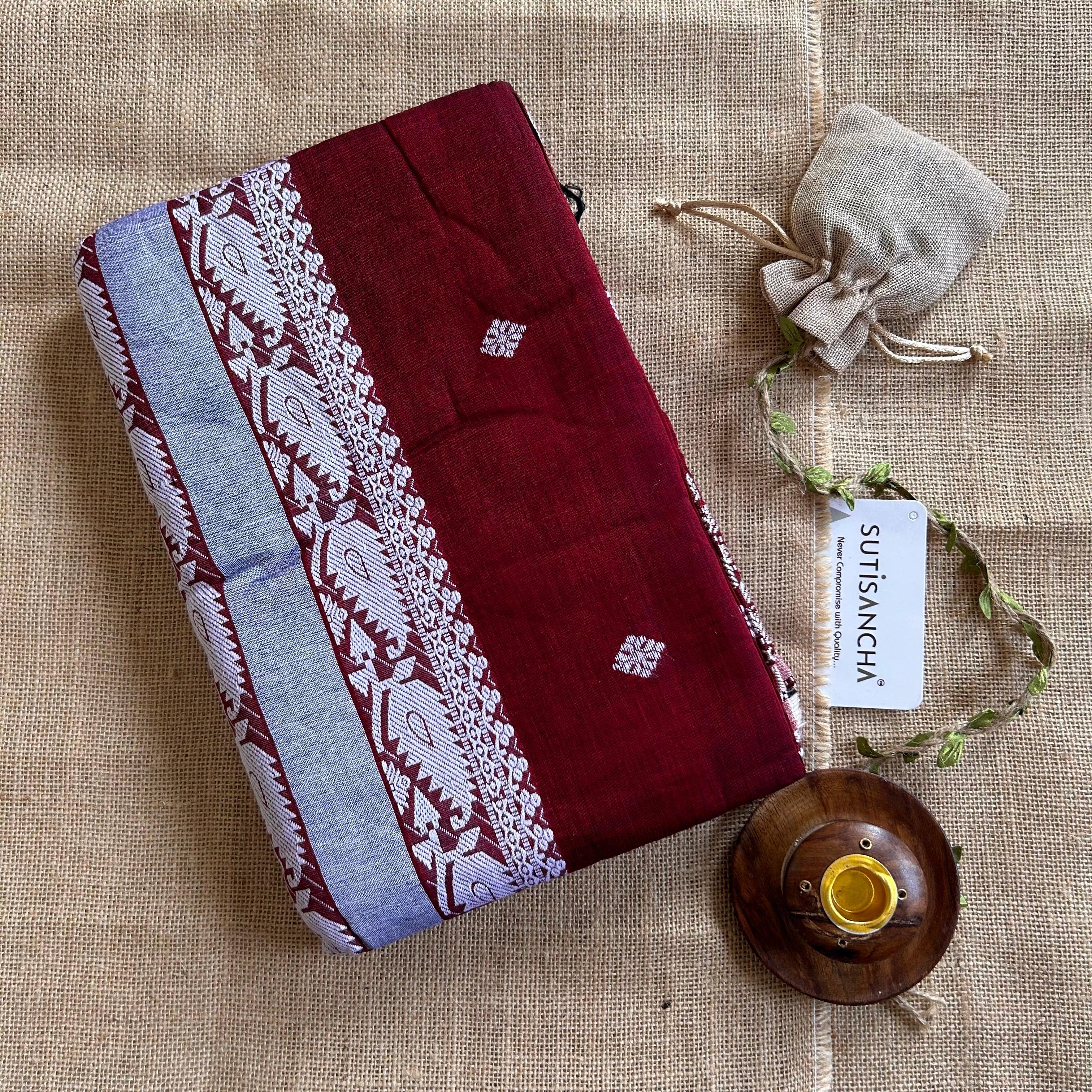 Pure Handloom Cotton Maroon jamdani Weaving saree - Suti Sancha
