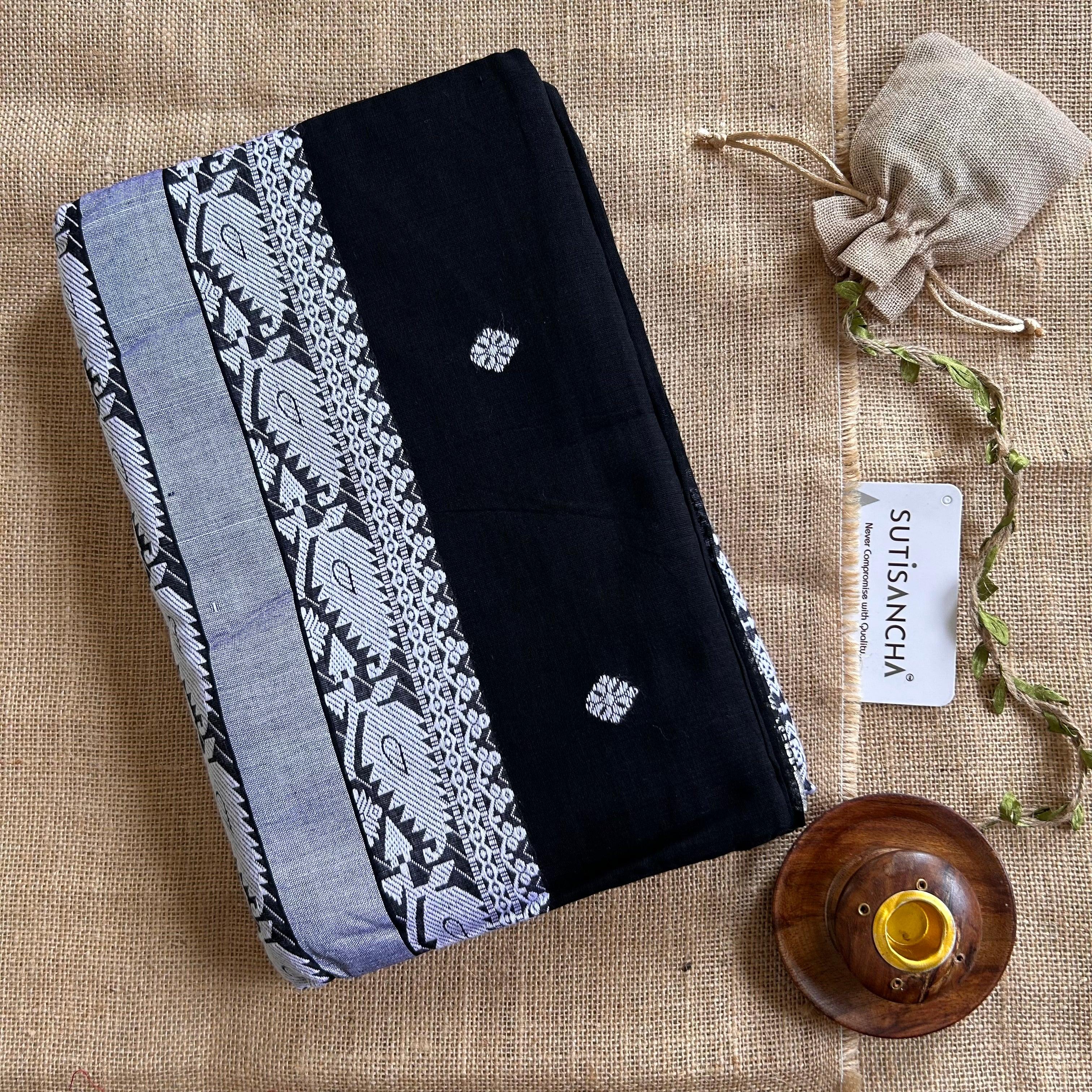 Pure Handloom Cotton Black jamdani Weaving saree - Suti Sancha