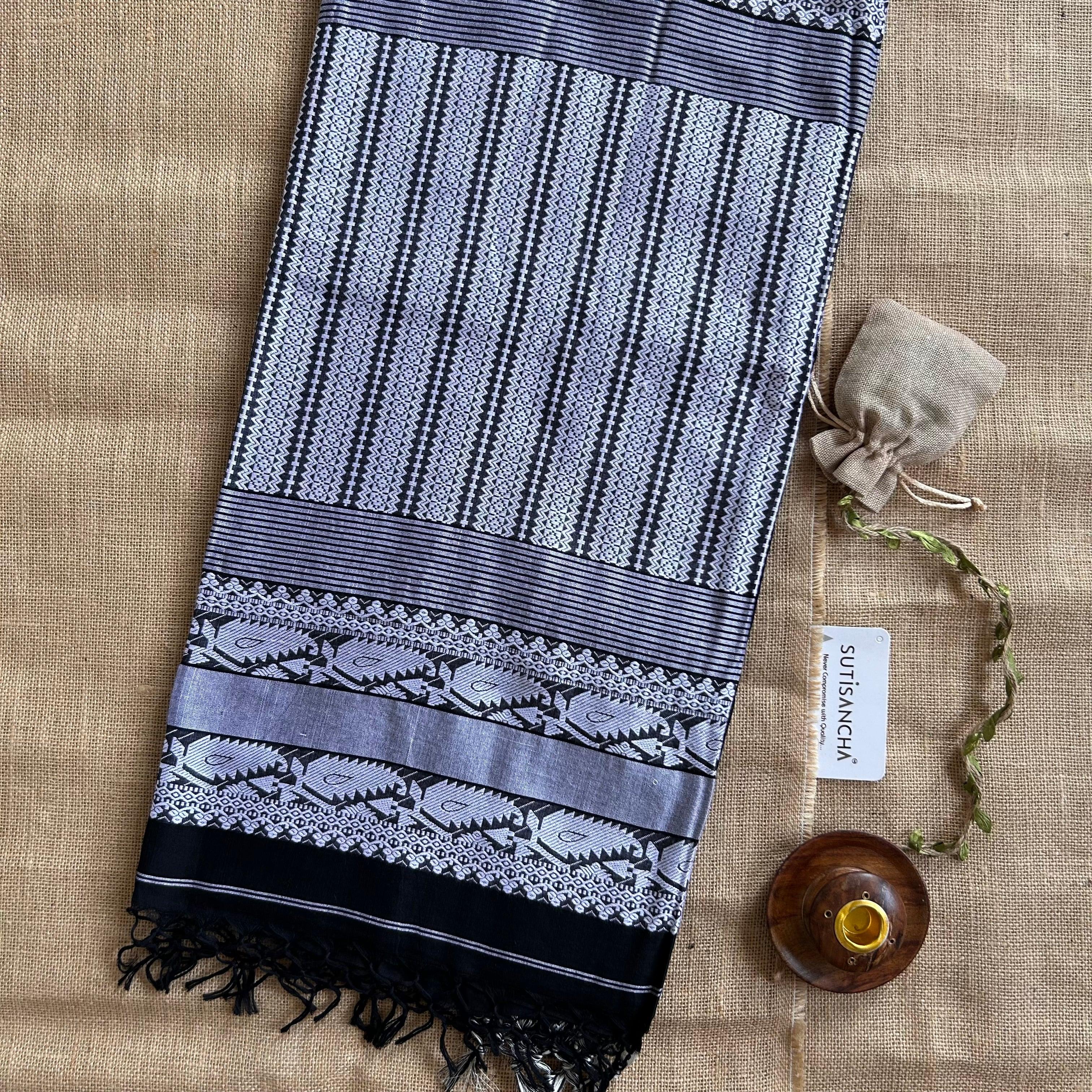 Pure Handloom Cotton Black jamdani Weaving saree - Suti Sancha