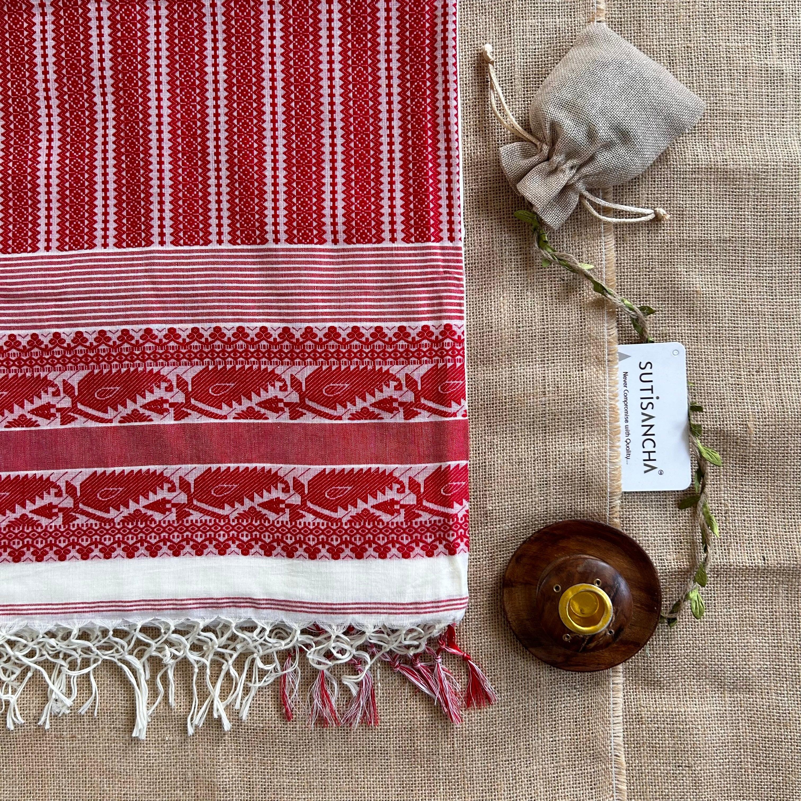 Pure Handloom Cotton Off-white jamdani Weaving saree - Suti Sancha