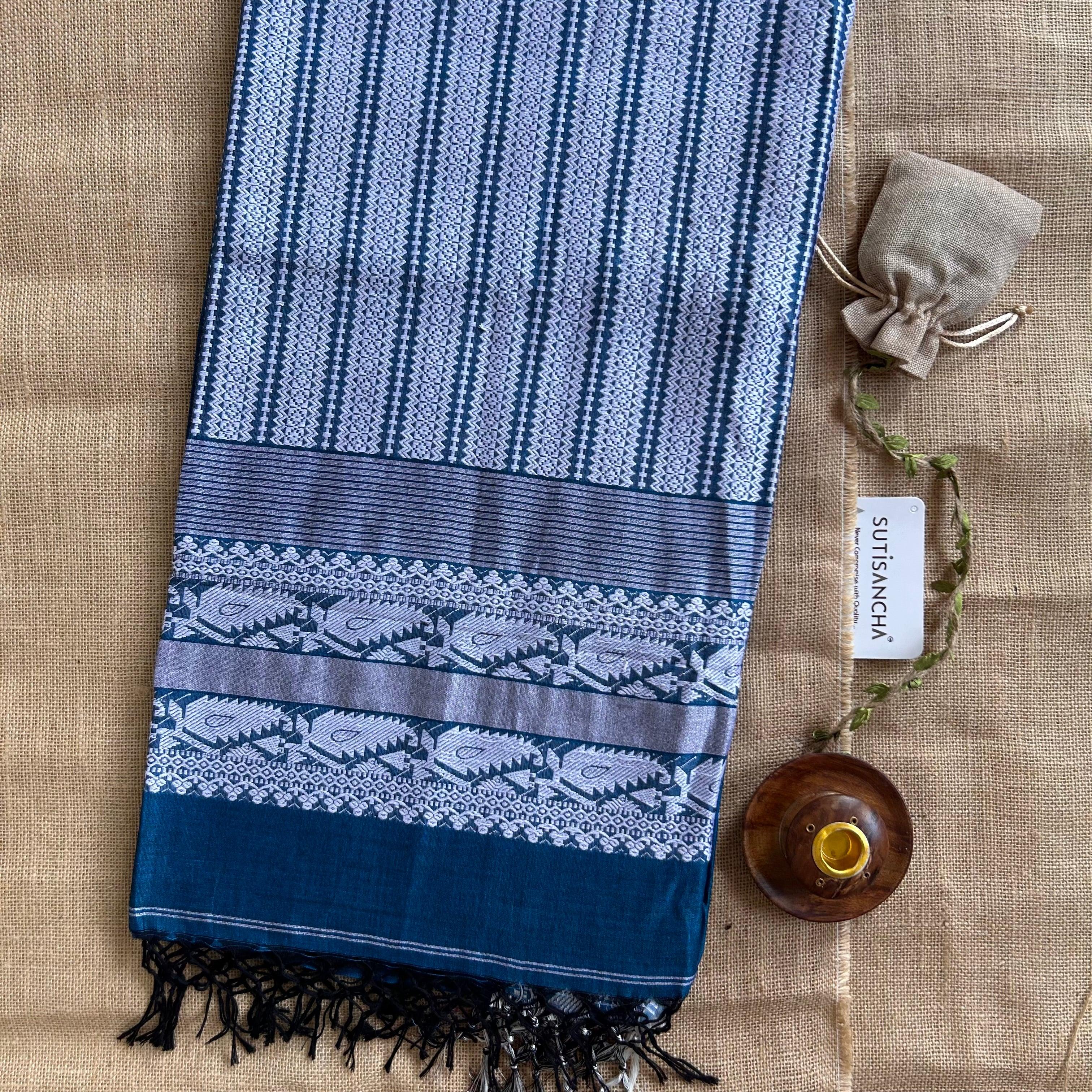 Pure Handloom Cotton Indigoblue jamdani Weaving saree - Suti Sancha