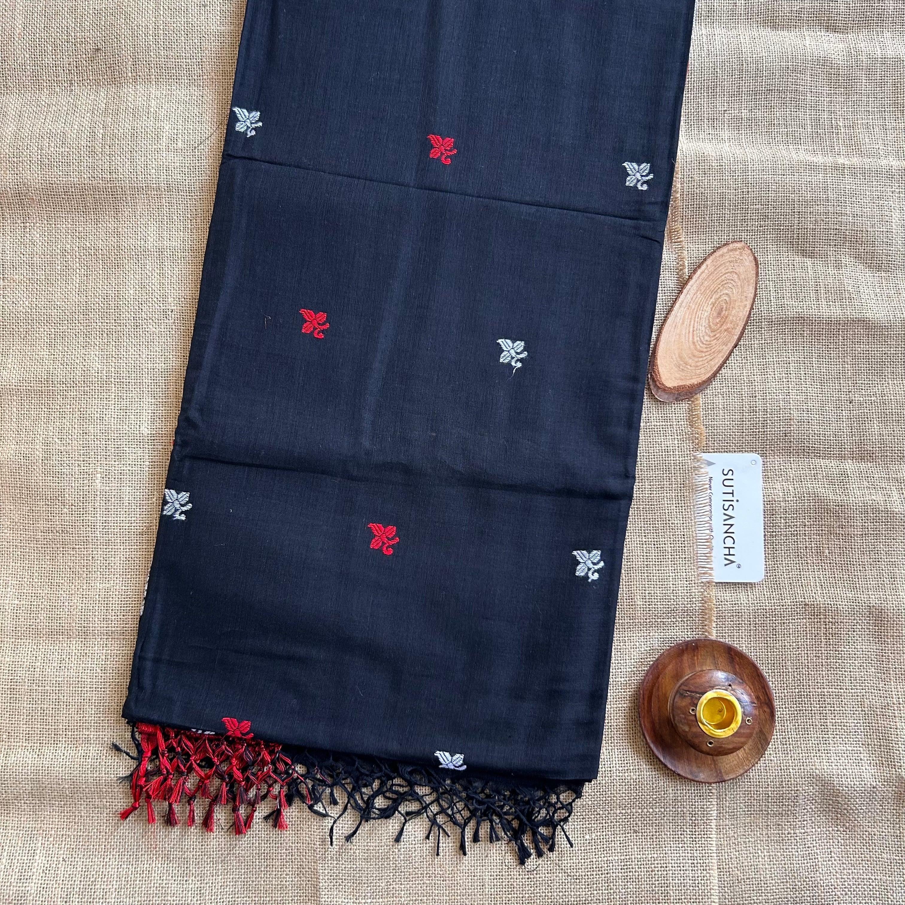 Sutisancha Handloom Cotton Black jamdani saree - Suti Sancha