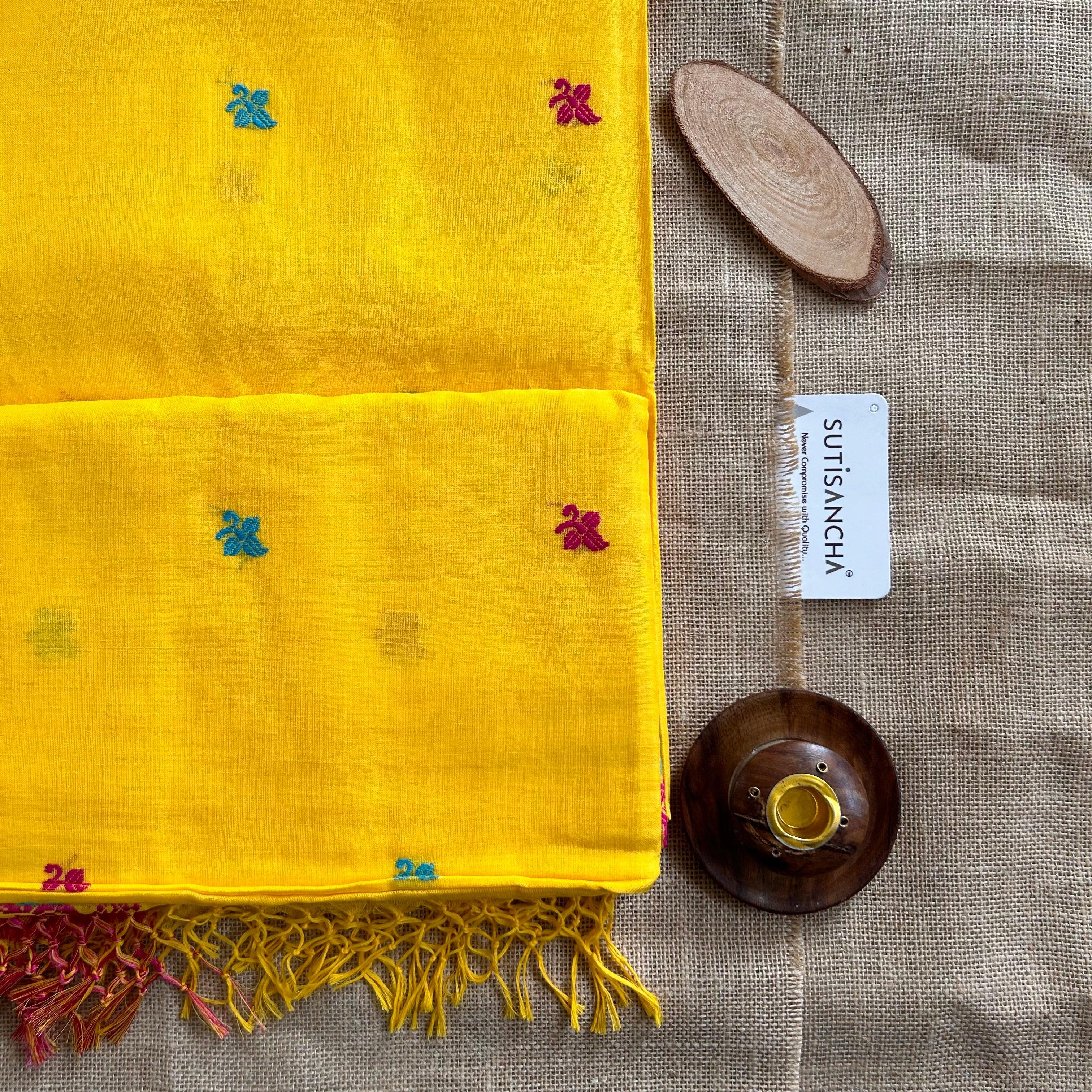 Sutisancha Handloom Cotton Yellow jamdani saree - Suti Sancha