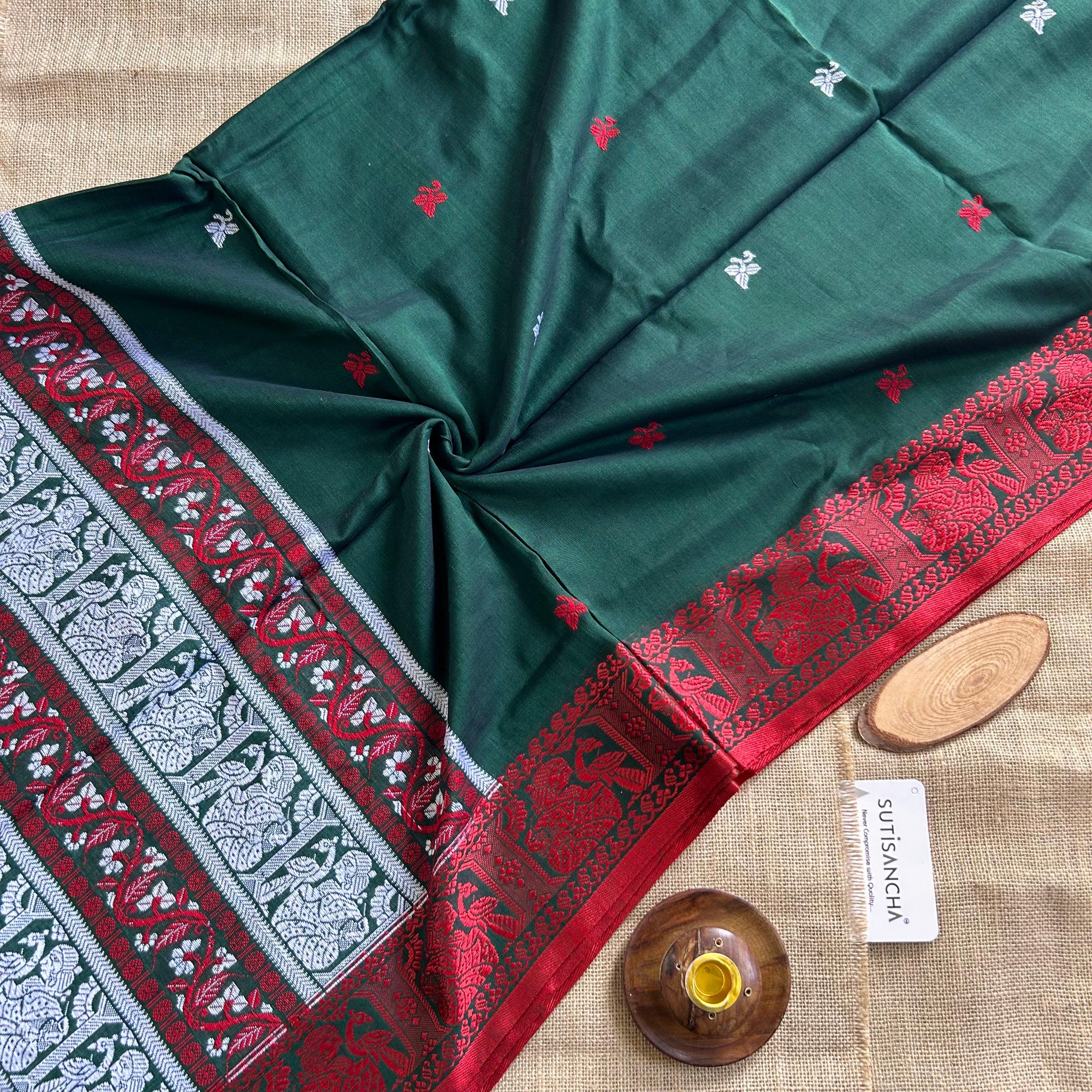 Sutisancha Handloom Cotton Green jamdani saree - Suti Sancha