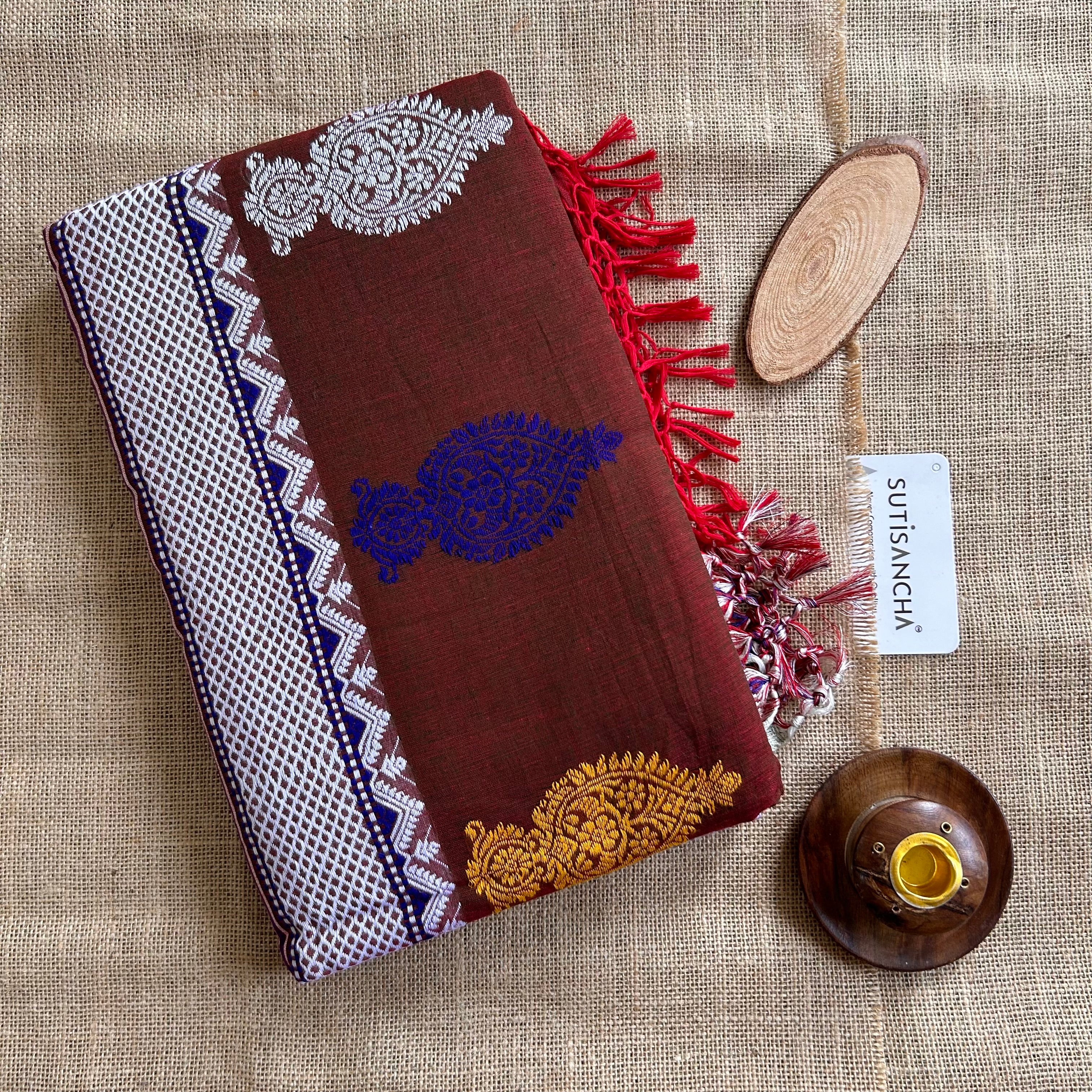 Pure Handloom Cotton Rust Maroon jamdani Weaving saree
