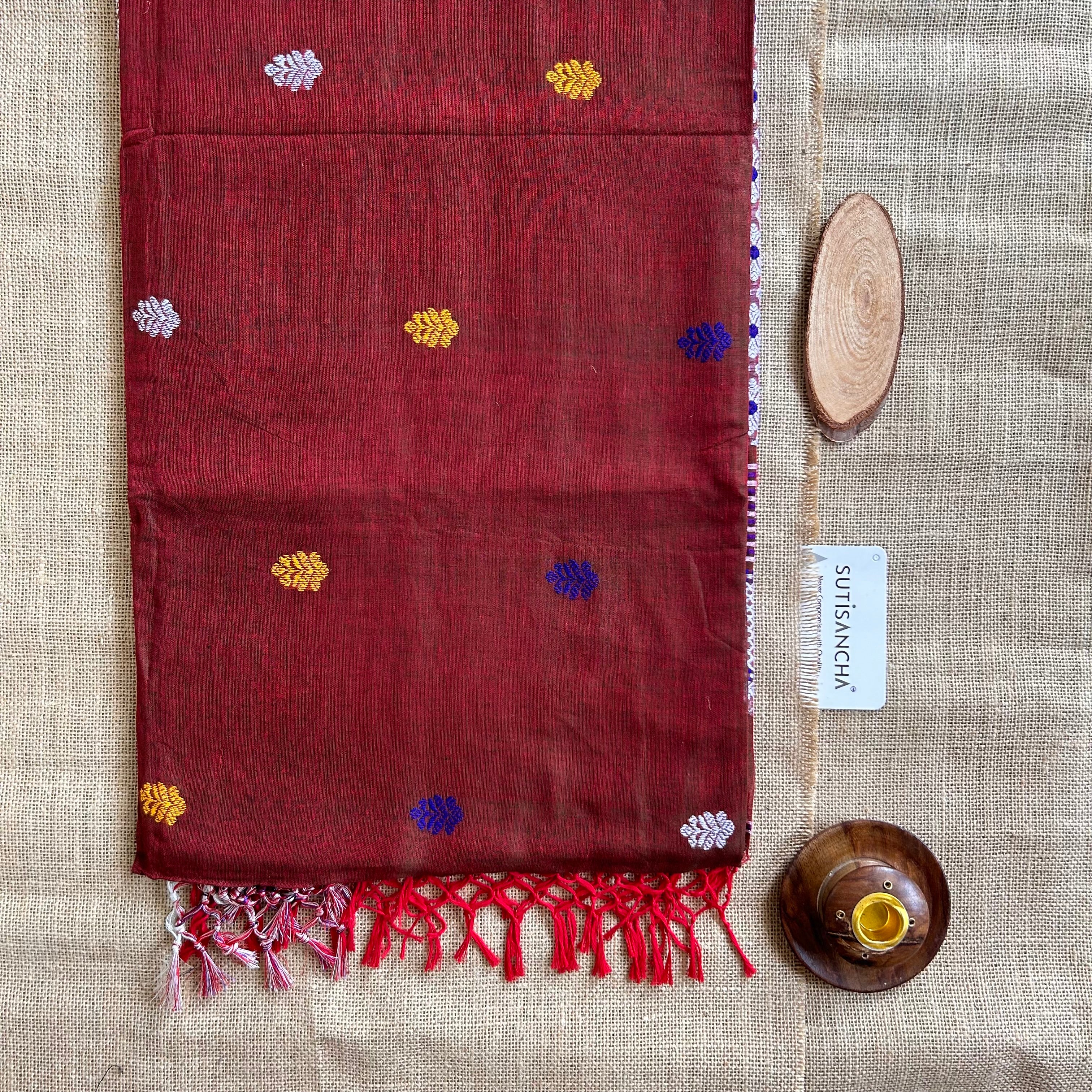 Pure Handloom Cotton Rust Maroon jamdani Weaving saree