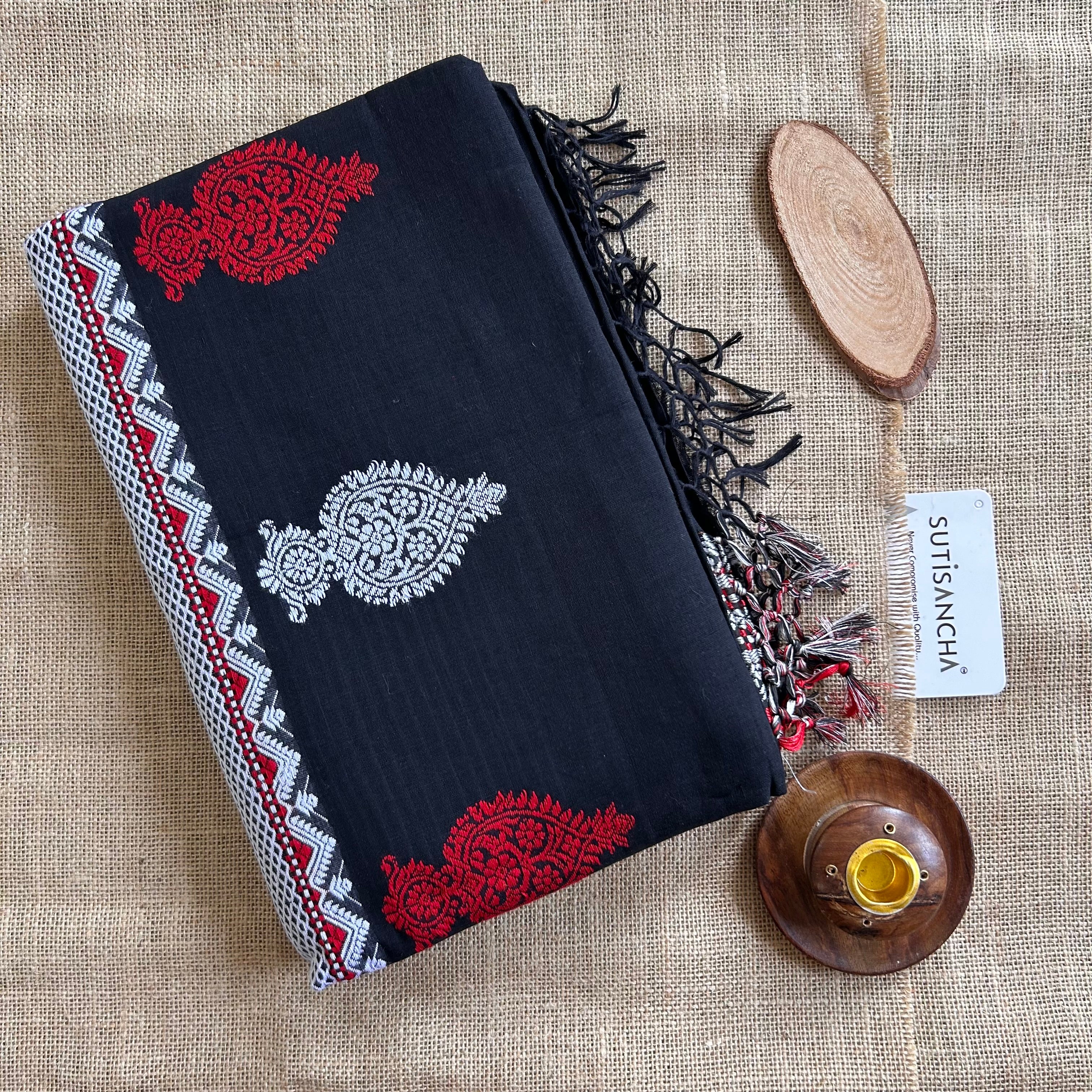 Pure Handloom Cotton Black jamdani Weaving saree