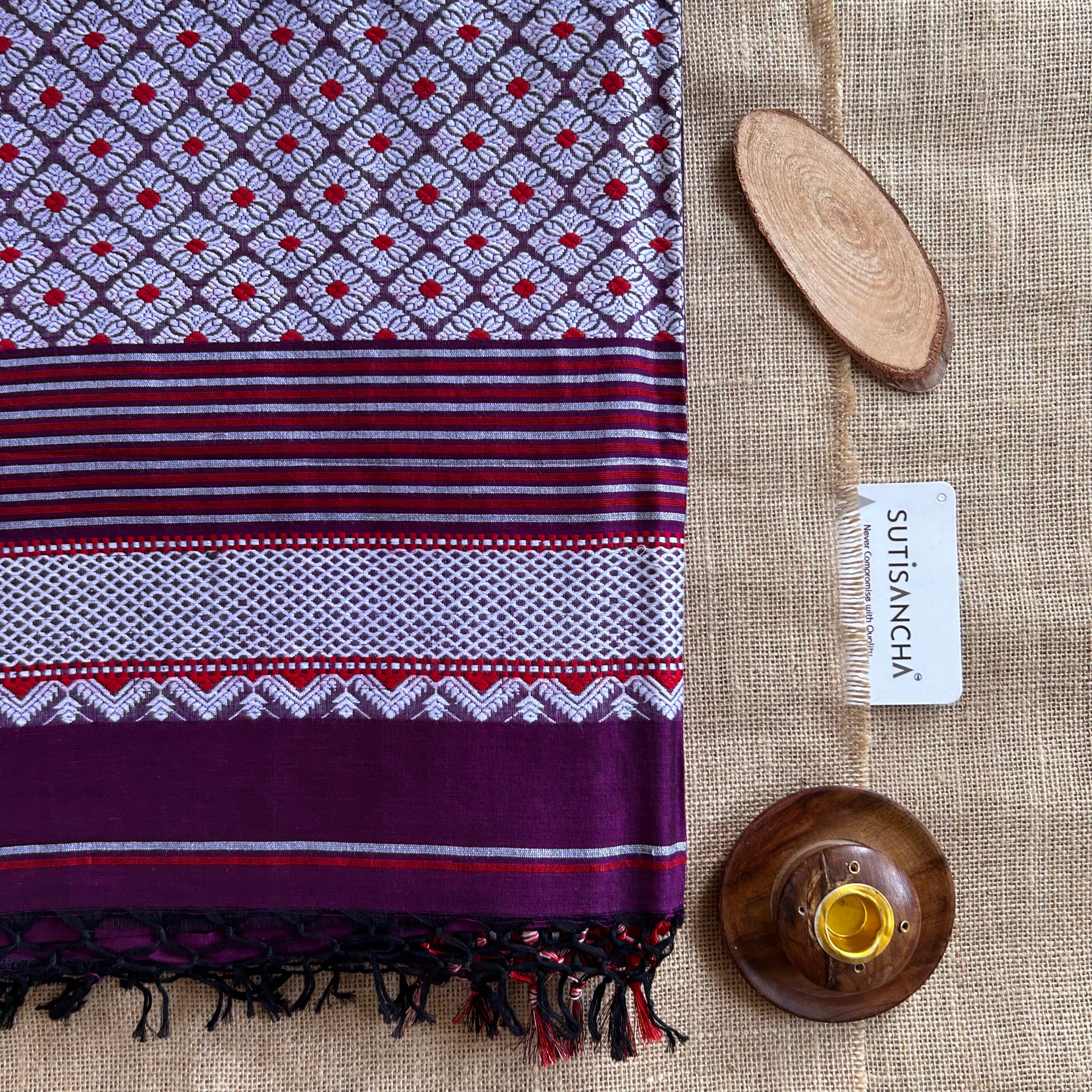 Pure Handloom Cotton Purple plum jamdani Weaving saree