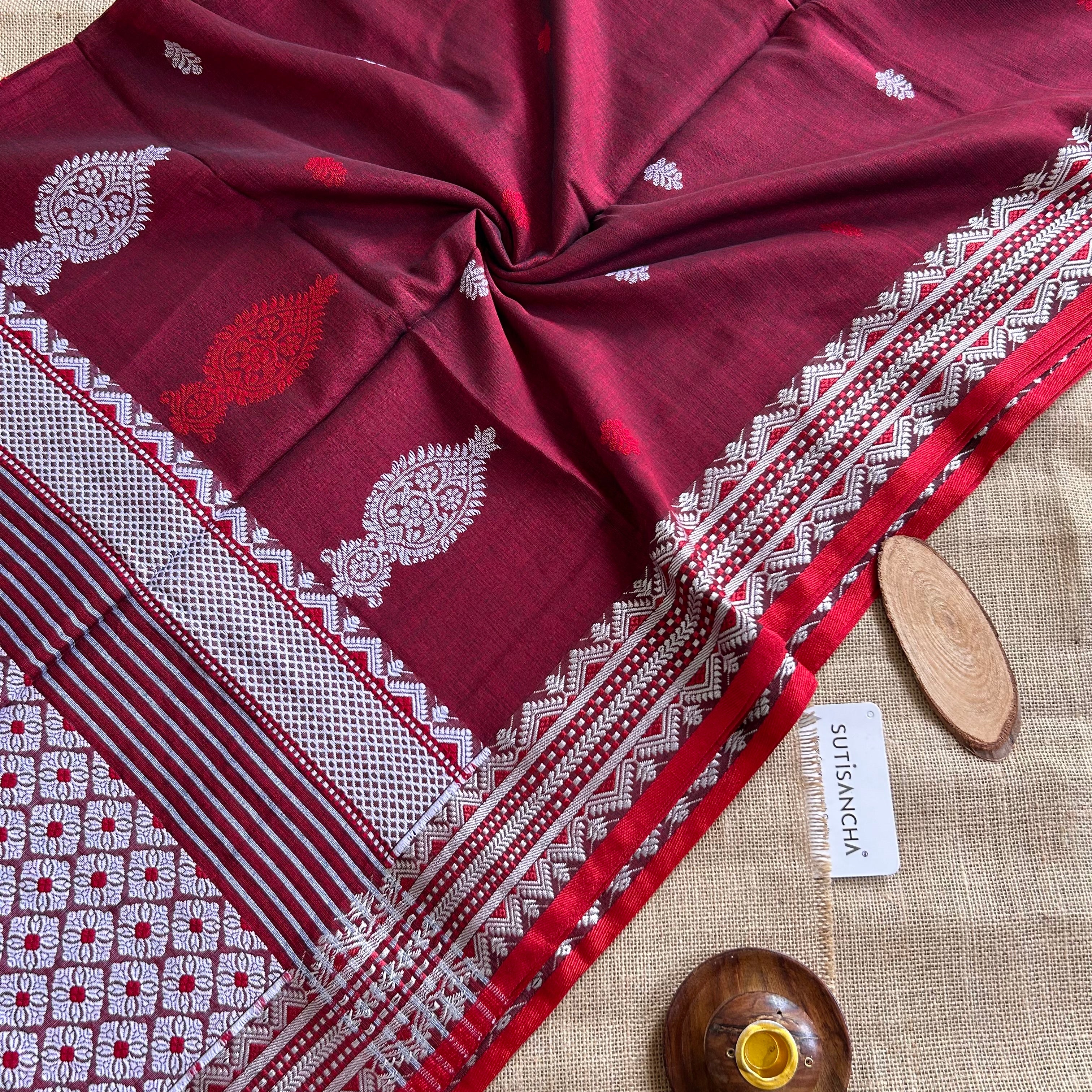 Pure Handloom Cotton Maroon jamdani Weaving saree