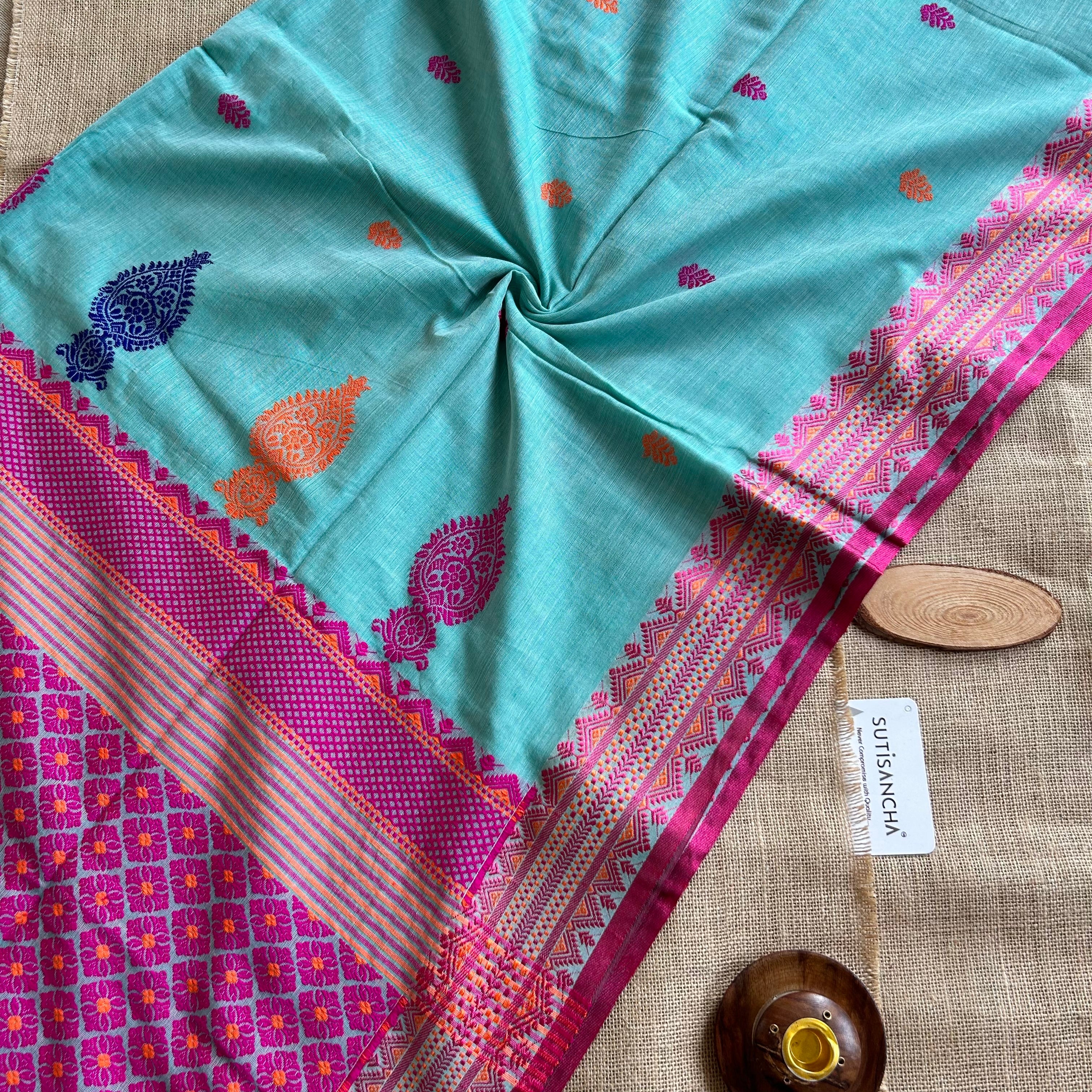 Pure Handloom Cotton teal sky jamdani Weaving saree