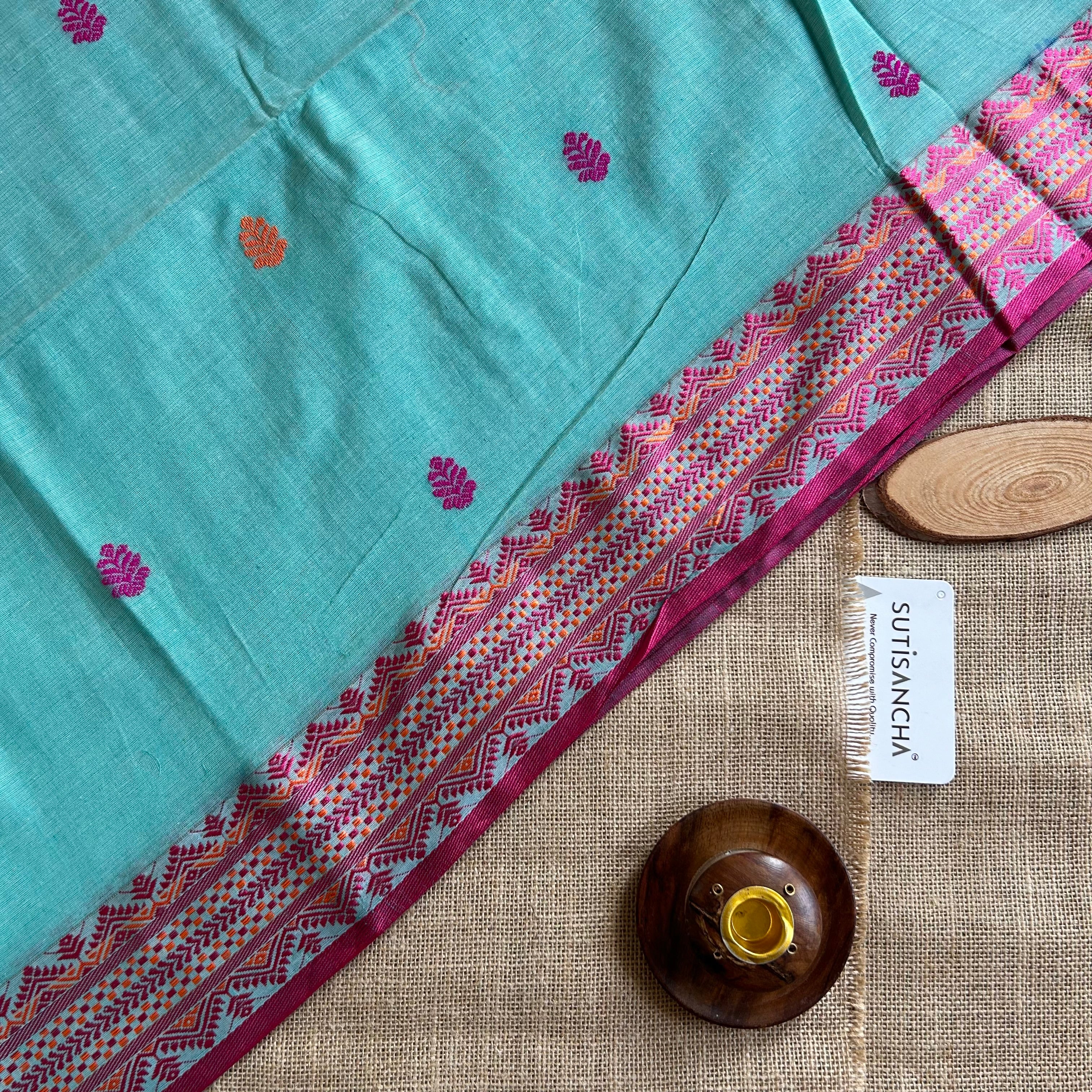 Pure Handloom Cotton teal sky jamdani Weaving saree