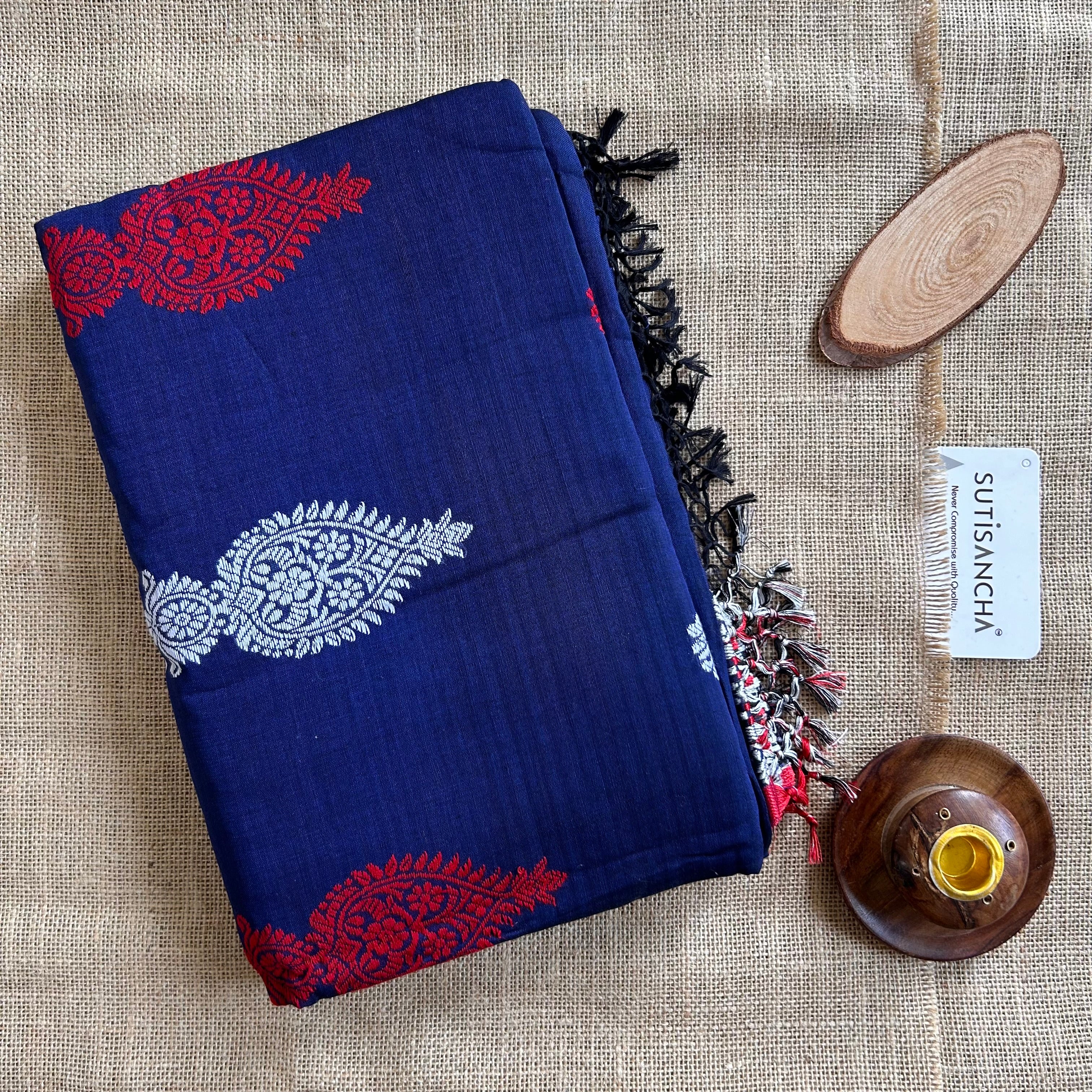 Pure Handloom Cotton Navy blue jamdani Weaving saree