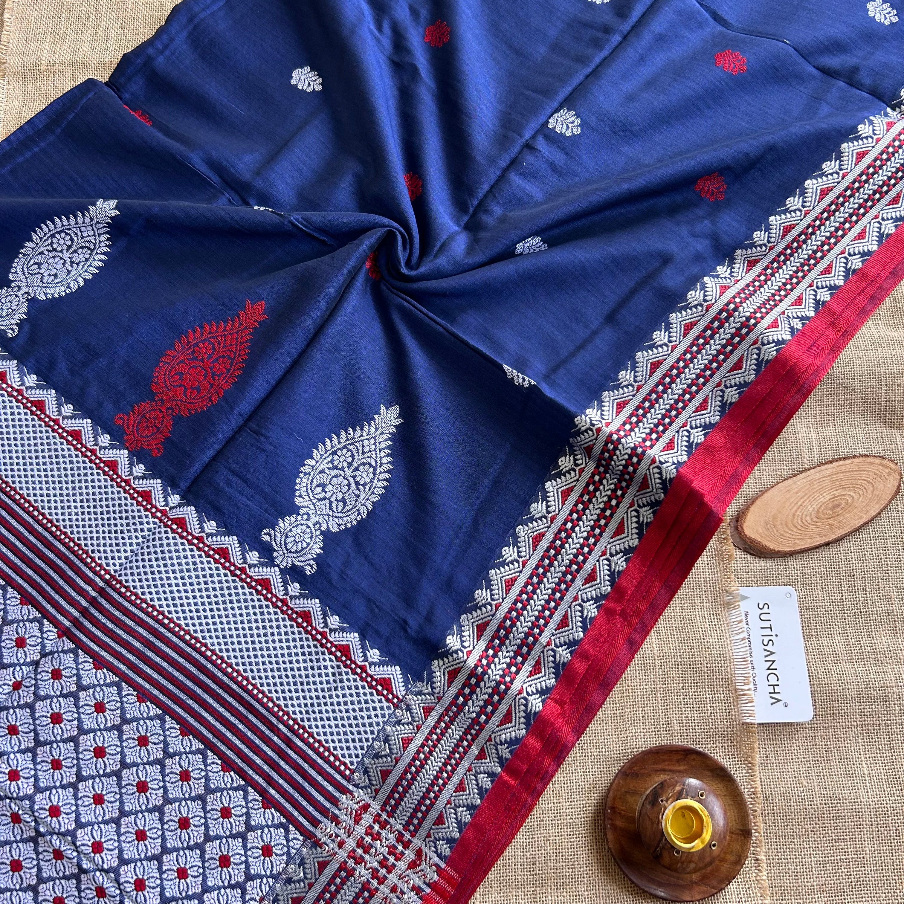 Pure Handloom Cotton Navy blue jamdani Weaving saree