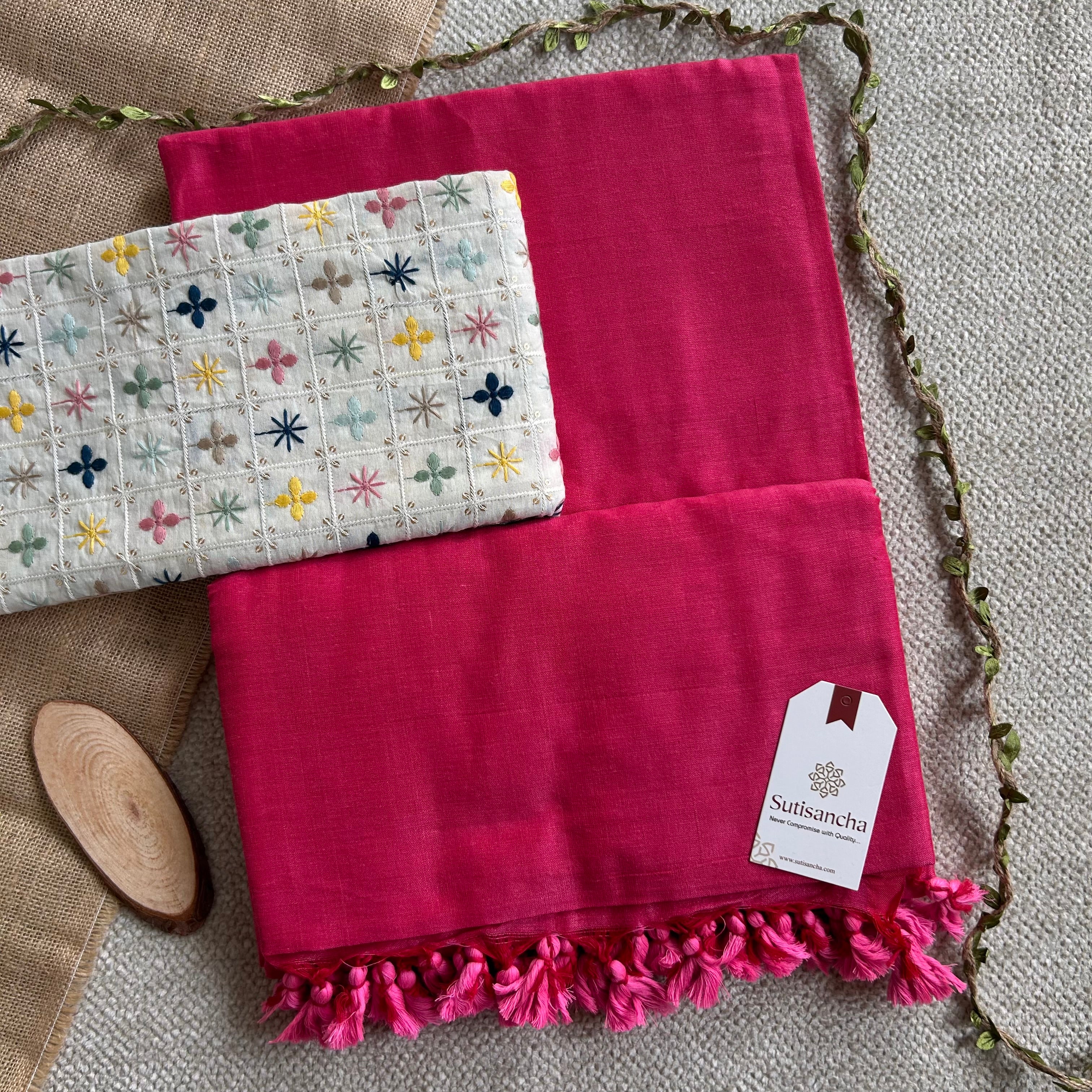 Sutisancha Pink Cotton Saree Designer Work Blouse