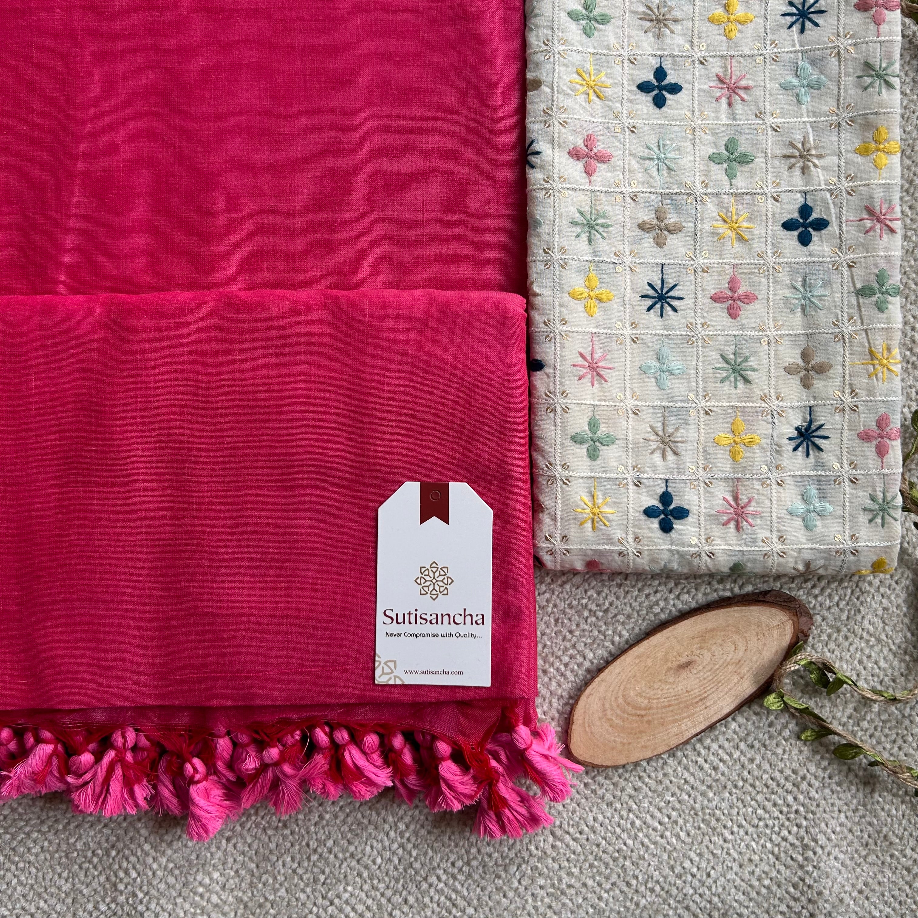 Sutisancha Pink Cotton Saree Designer Work Blouse