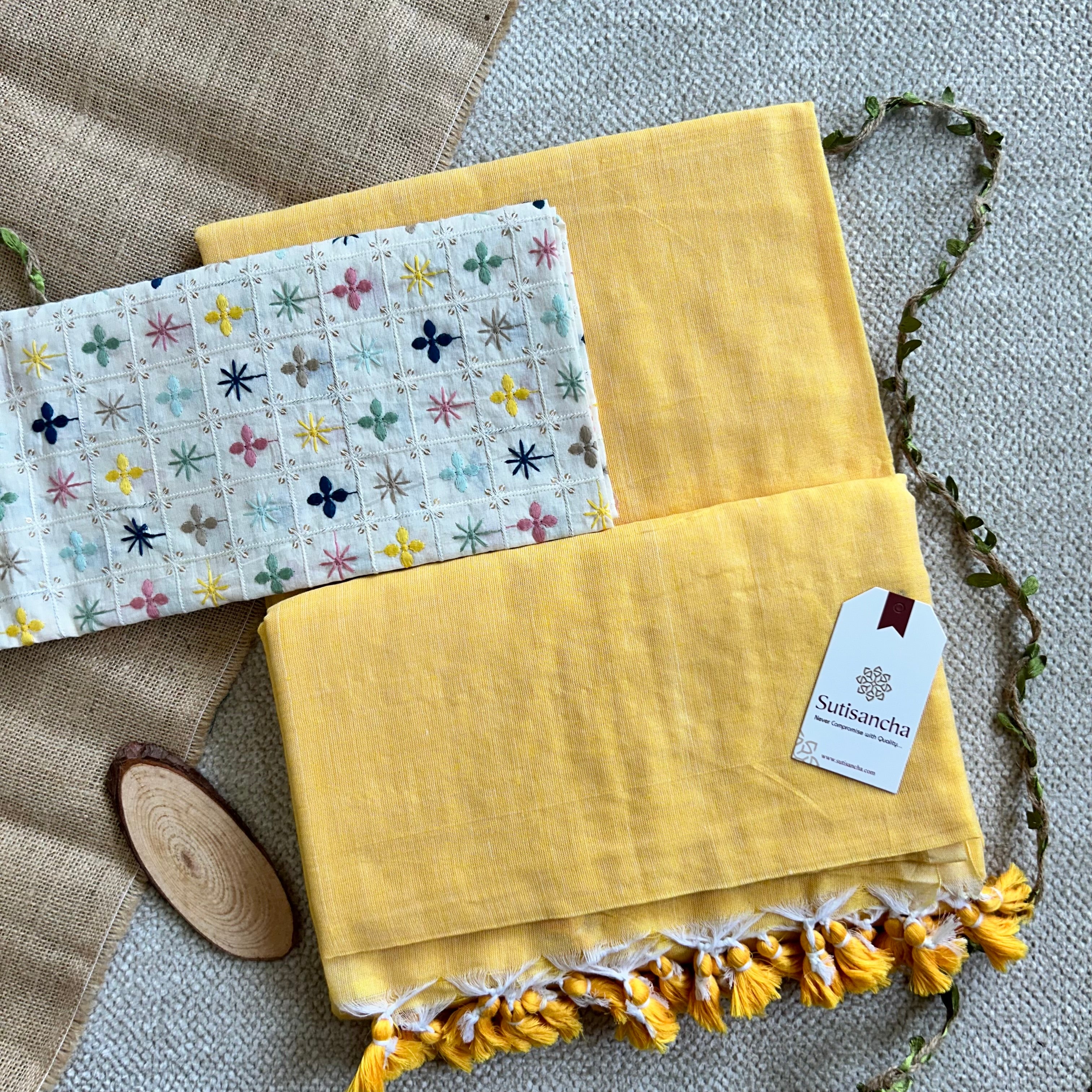 Sutisancha Yellow Cotton Saree designer work Blouse
