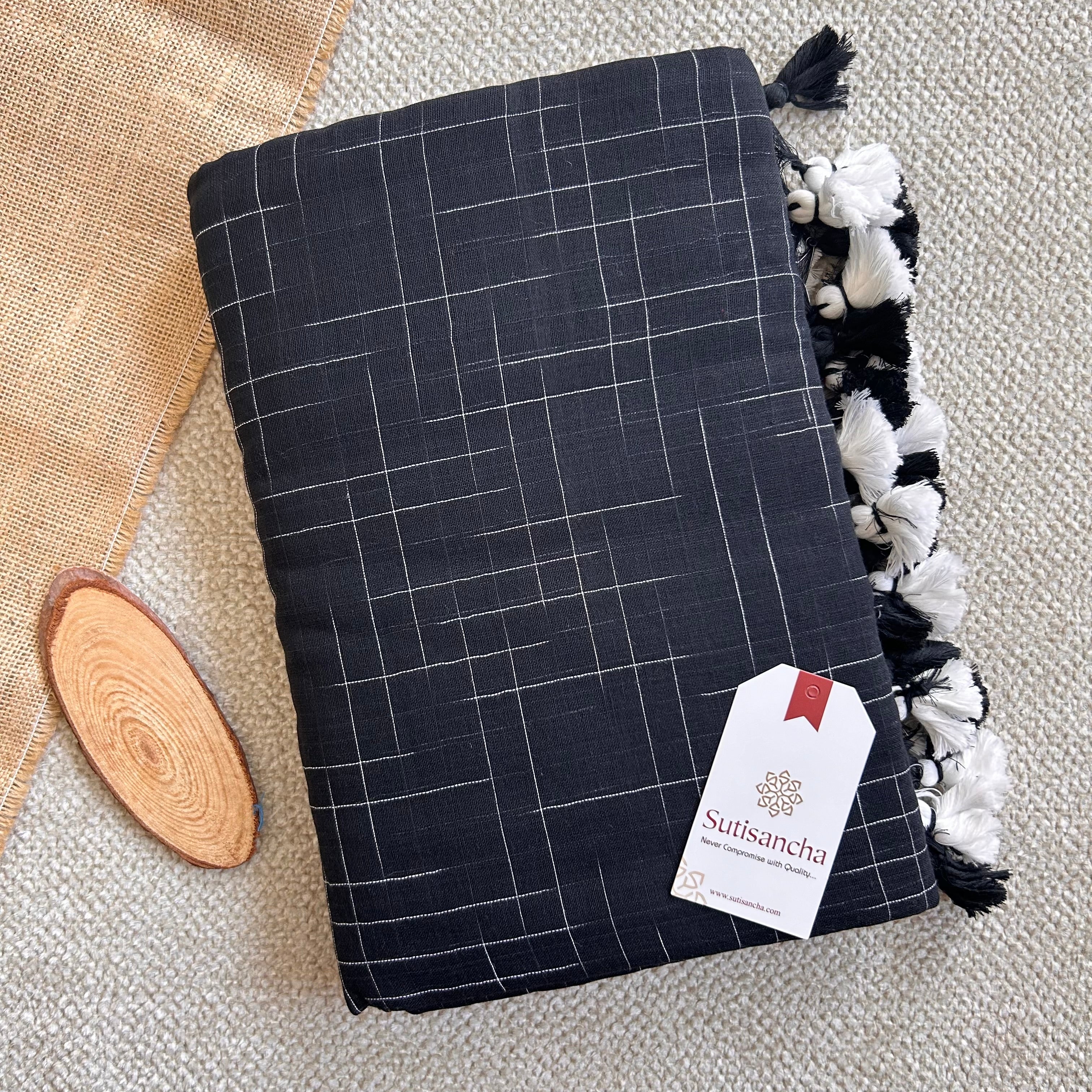 Sutisancha Black Handloom Cotton Saree with Trendy Kotki Checks Design
