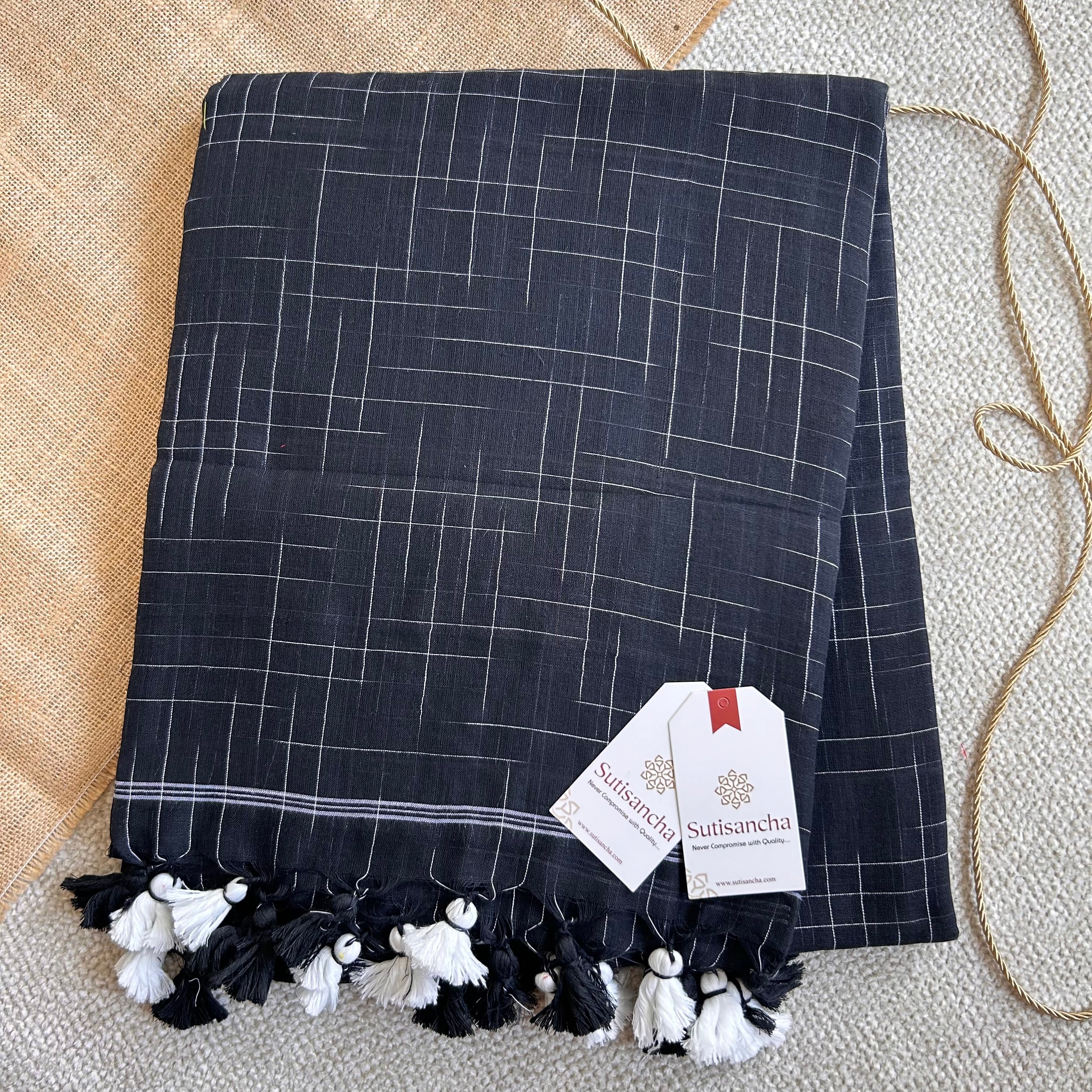 Sutisancha Black Handloom Cotton Saree with Trendy Kotki Checks Design