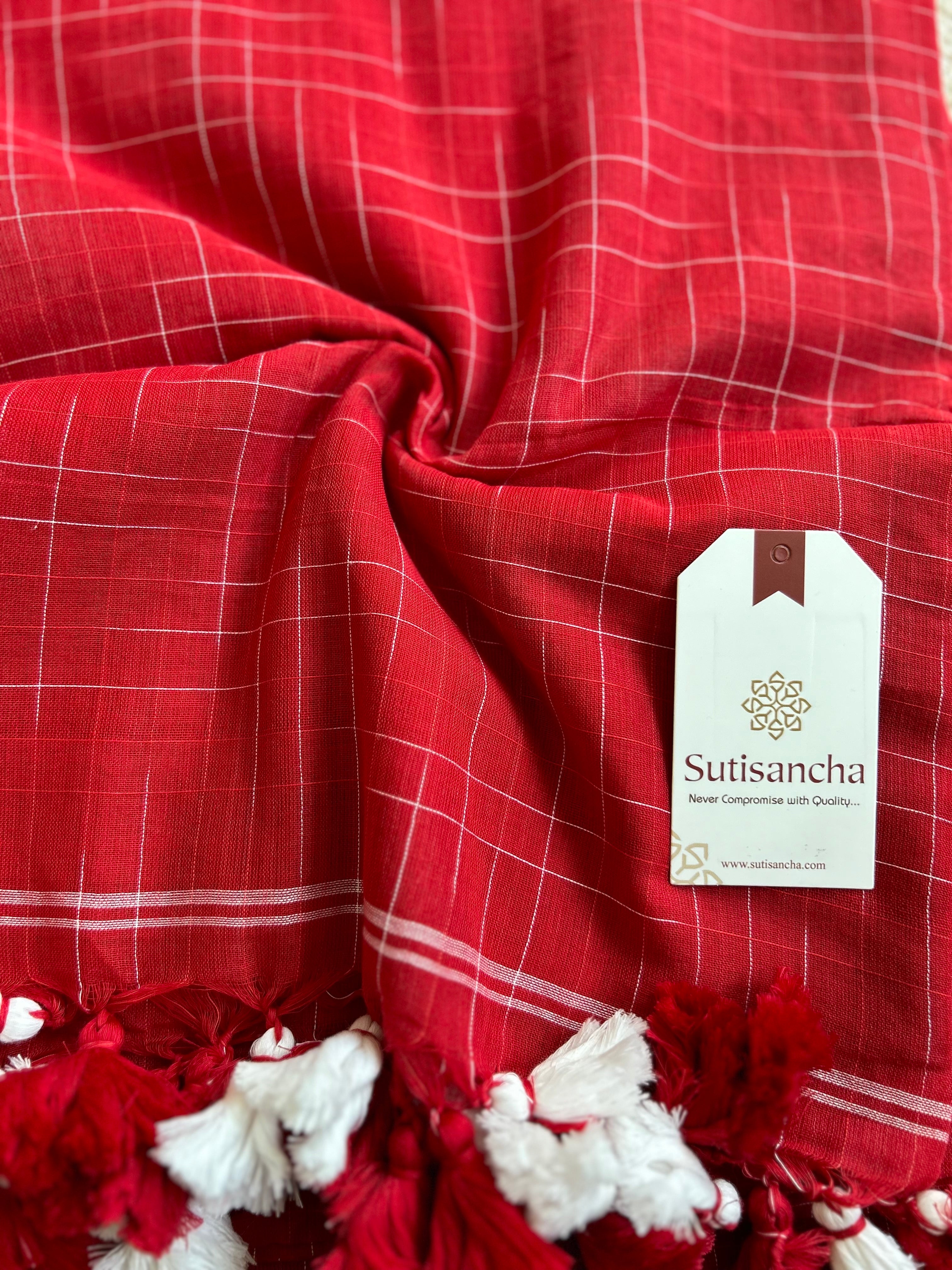 Sutisancha Red Khadi Saree with Trendy Kotki Checks Design