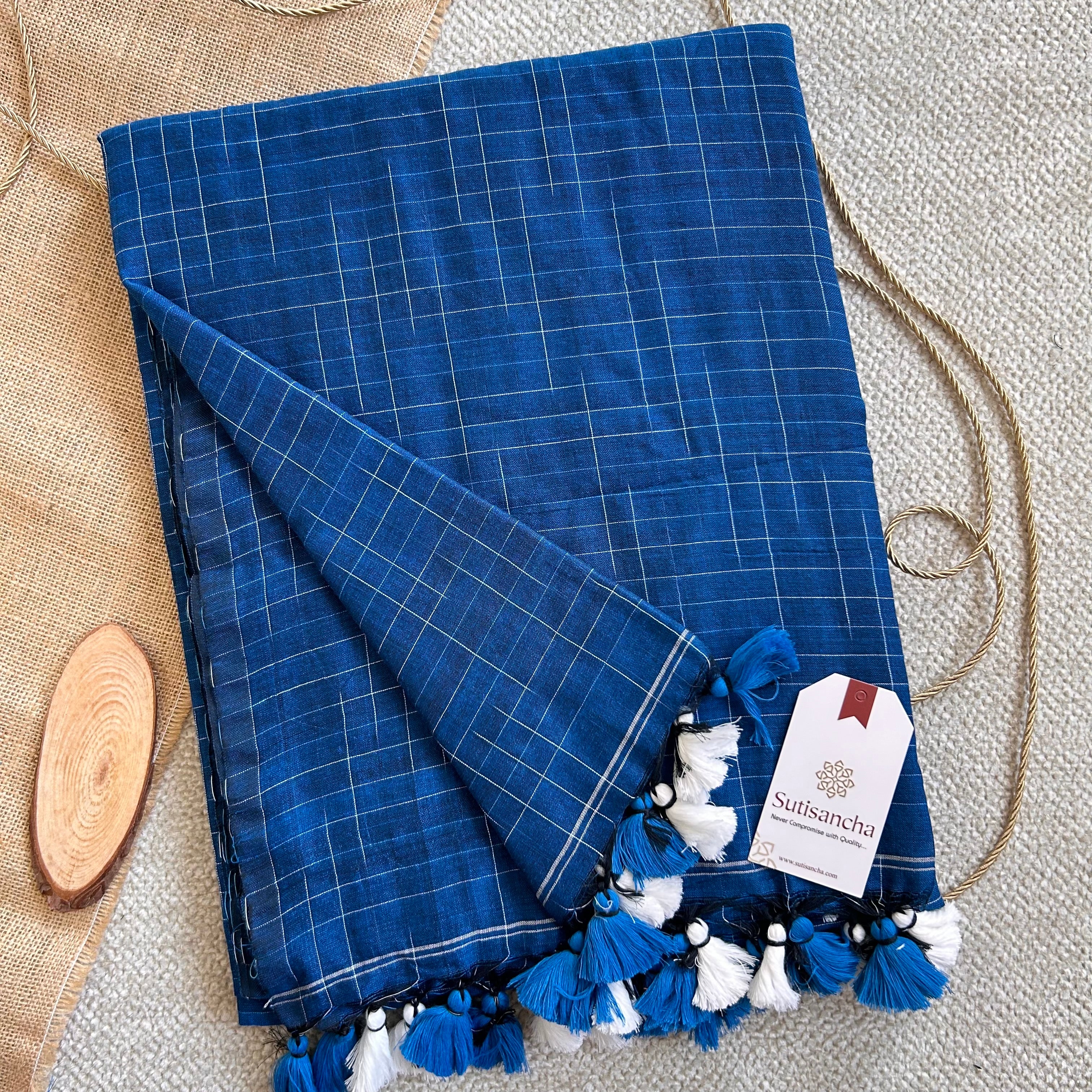 Sutisancha Azure Blue Cotton Saree with Trendy Kotki Checks Design