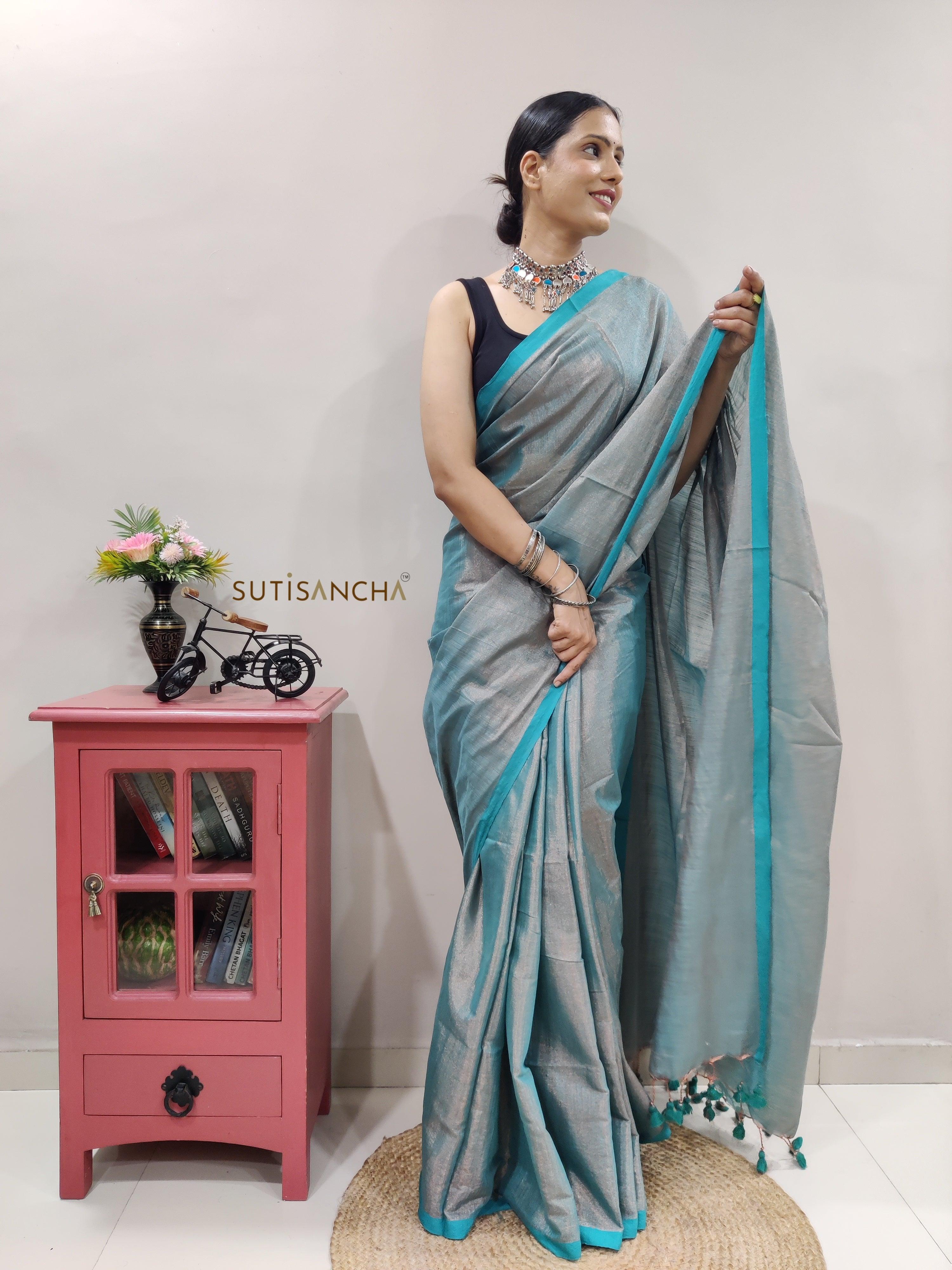 Sky Hand Woven Cotton Blend Tissue Saree - Suti Sancha