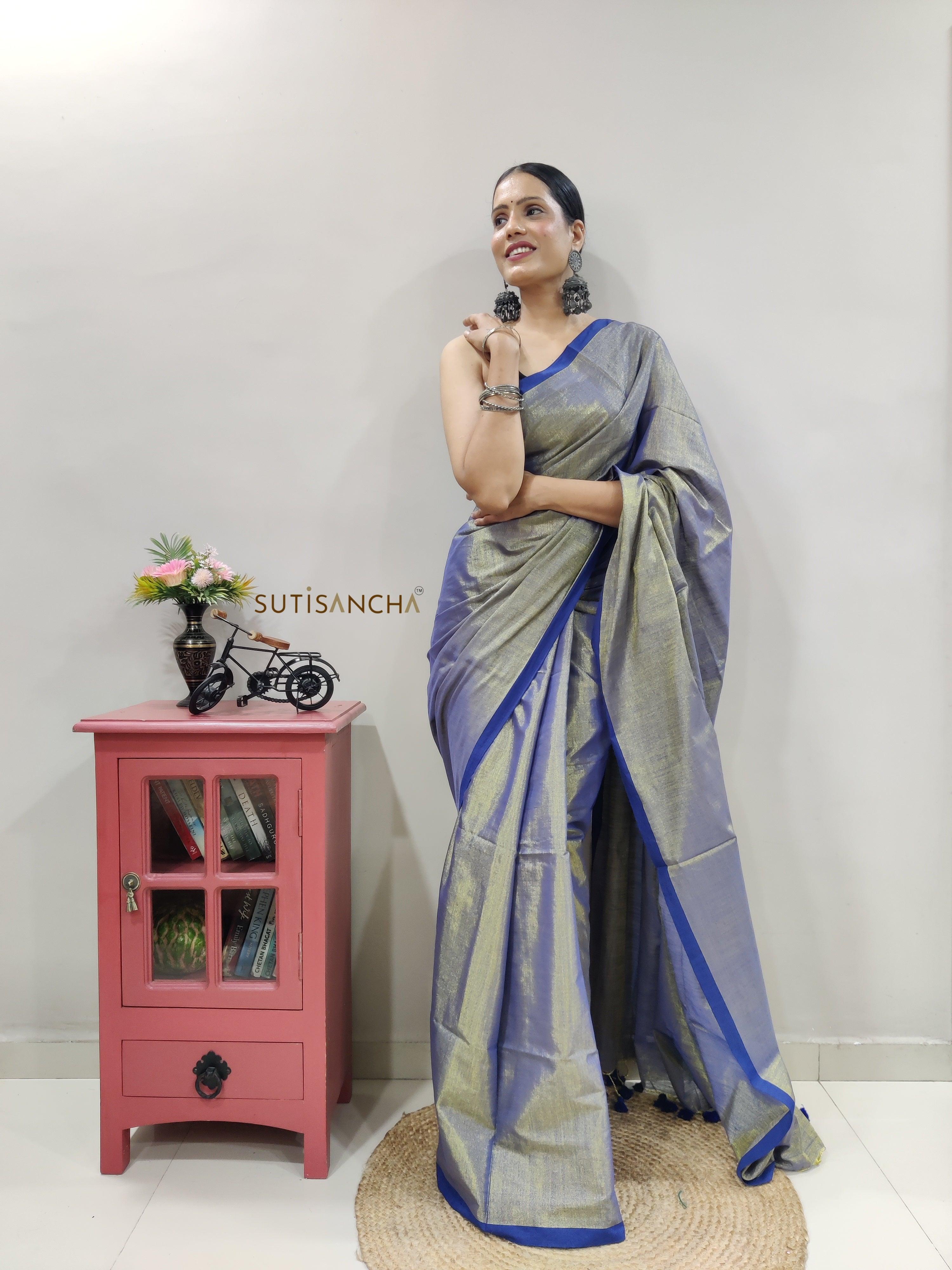 Blue Hand Woven Cotton Blend Tissue Saree - Suti Sancha