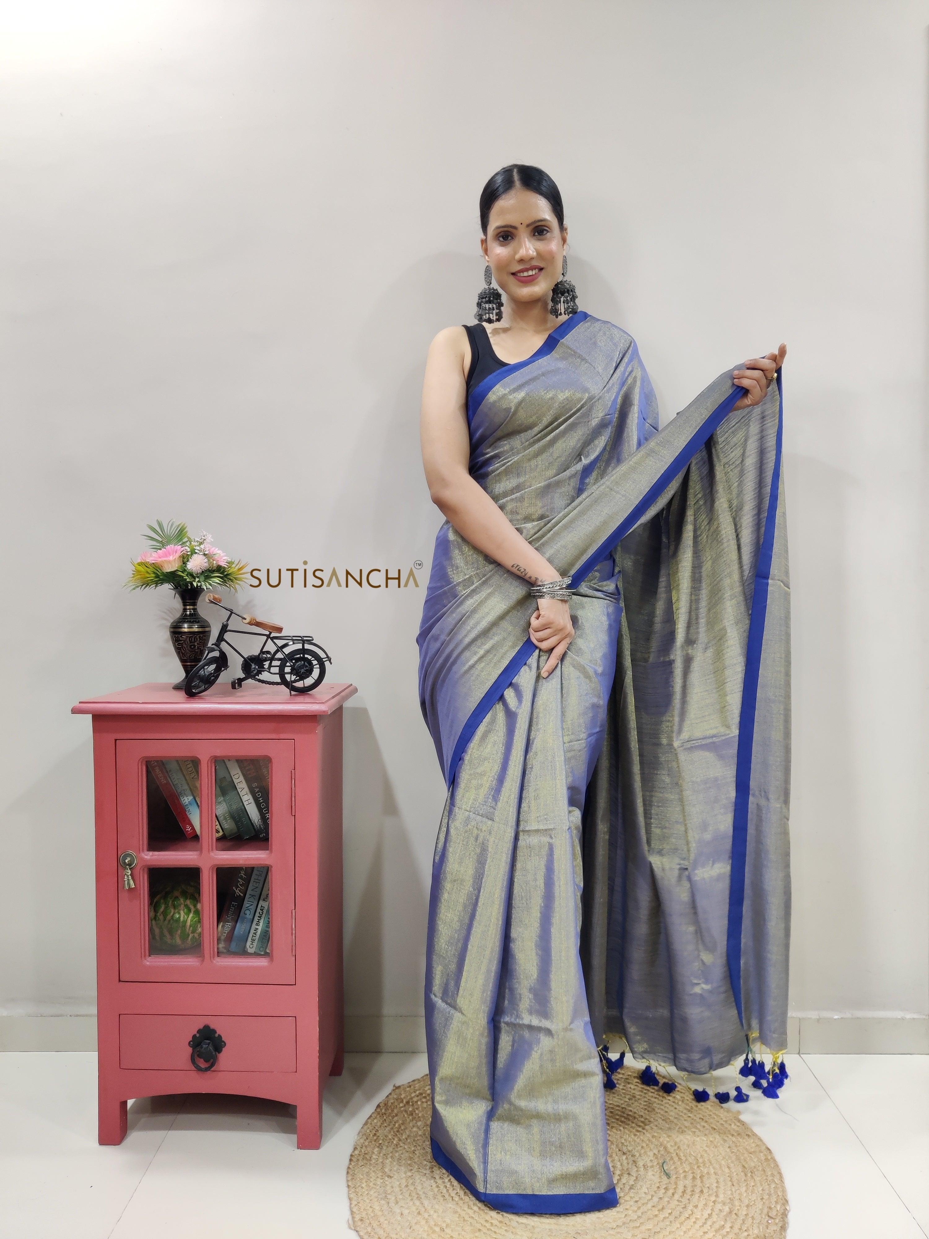 Blue Hand Woven Cotton Blend Tissue Saree - Suti Sancha