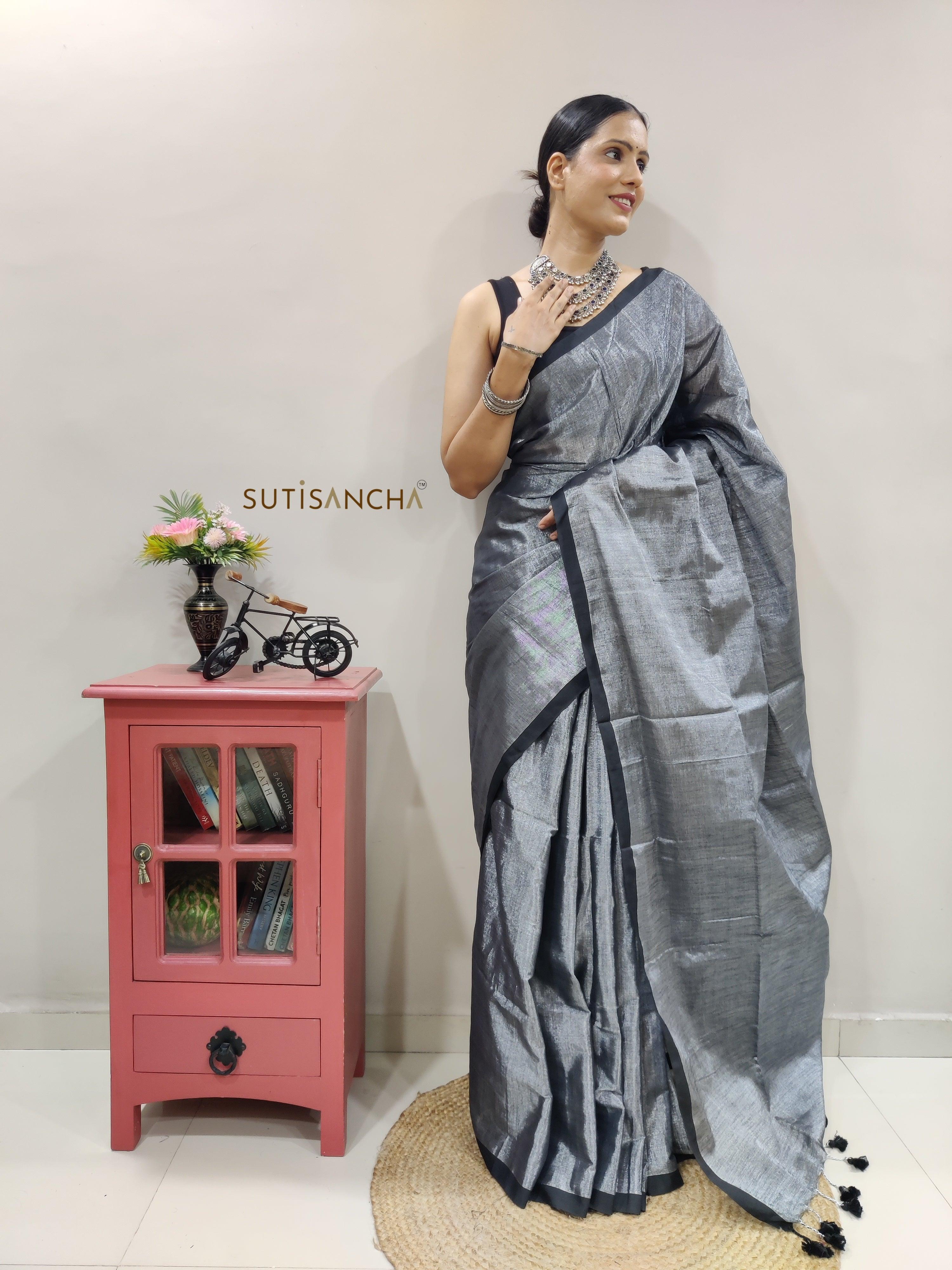 Grey Hand Woven Cotton Blend Tissue Saree - Suti Sancha