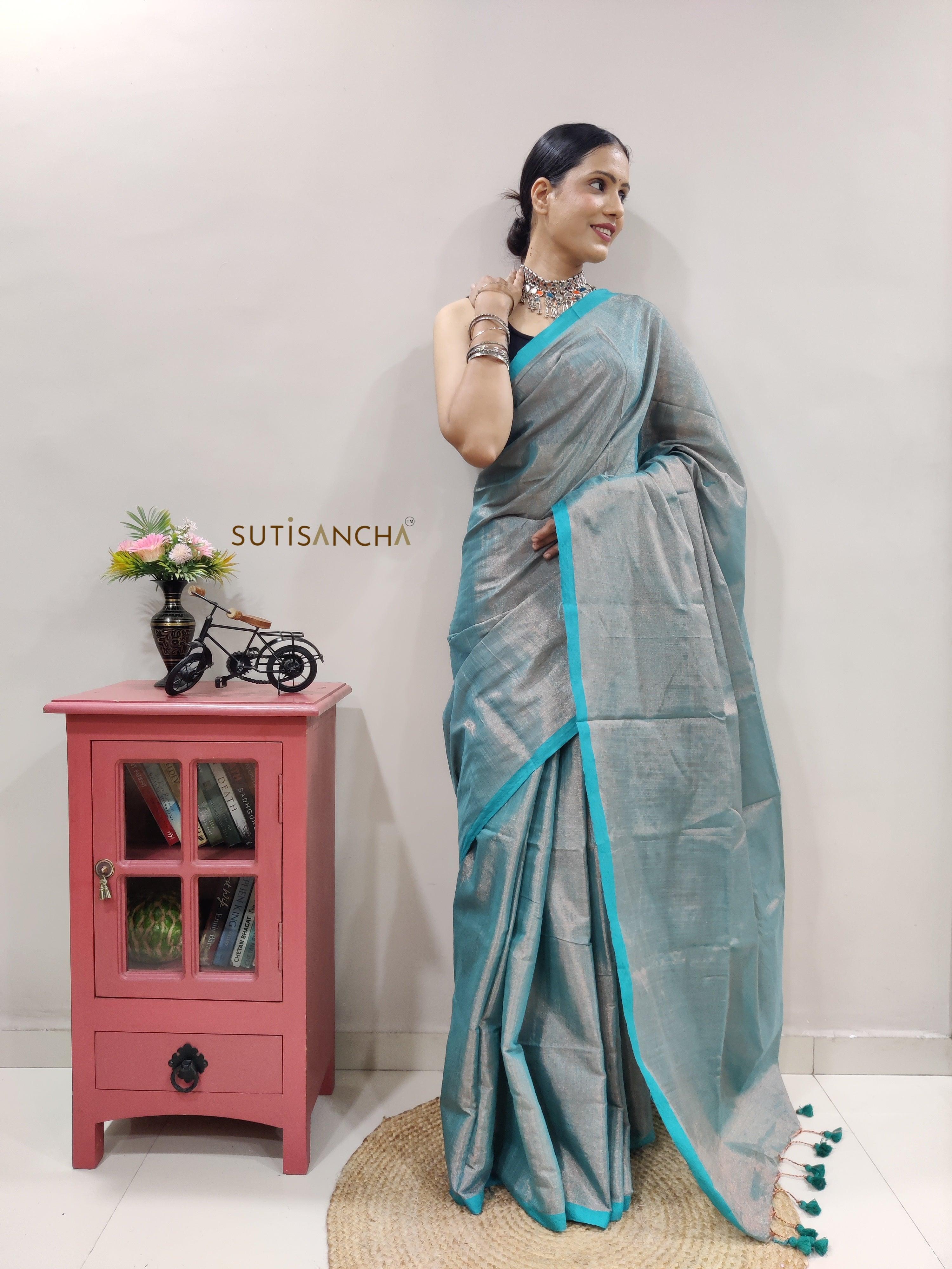Sky Hand Woven Cotton Blend Tissue Saree - Suti Sancha
