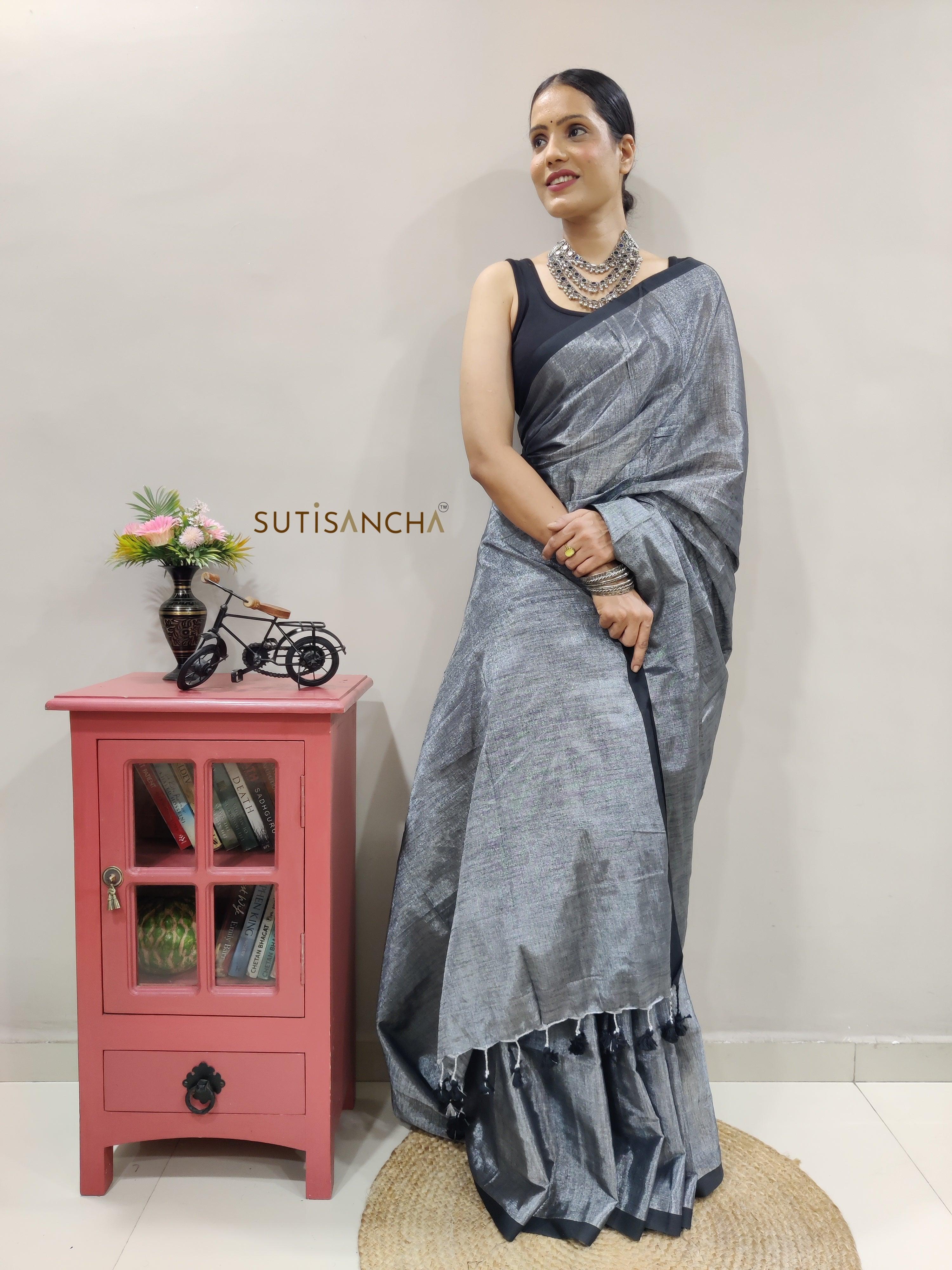 Grey Hand Woven Cotton Blend Tissue Saree - Suti Sancha