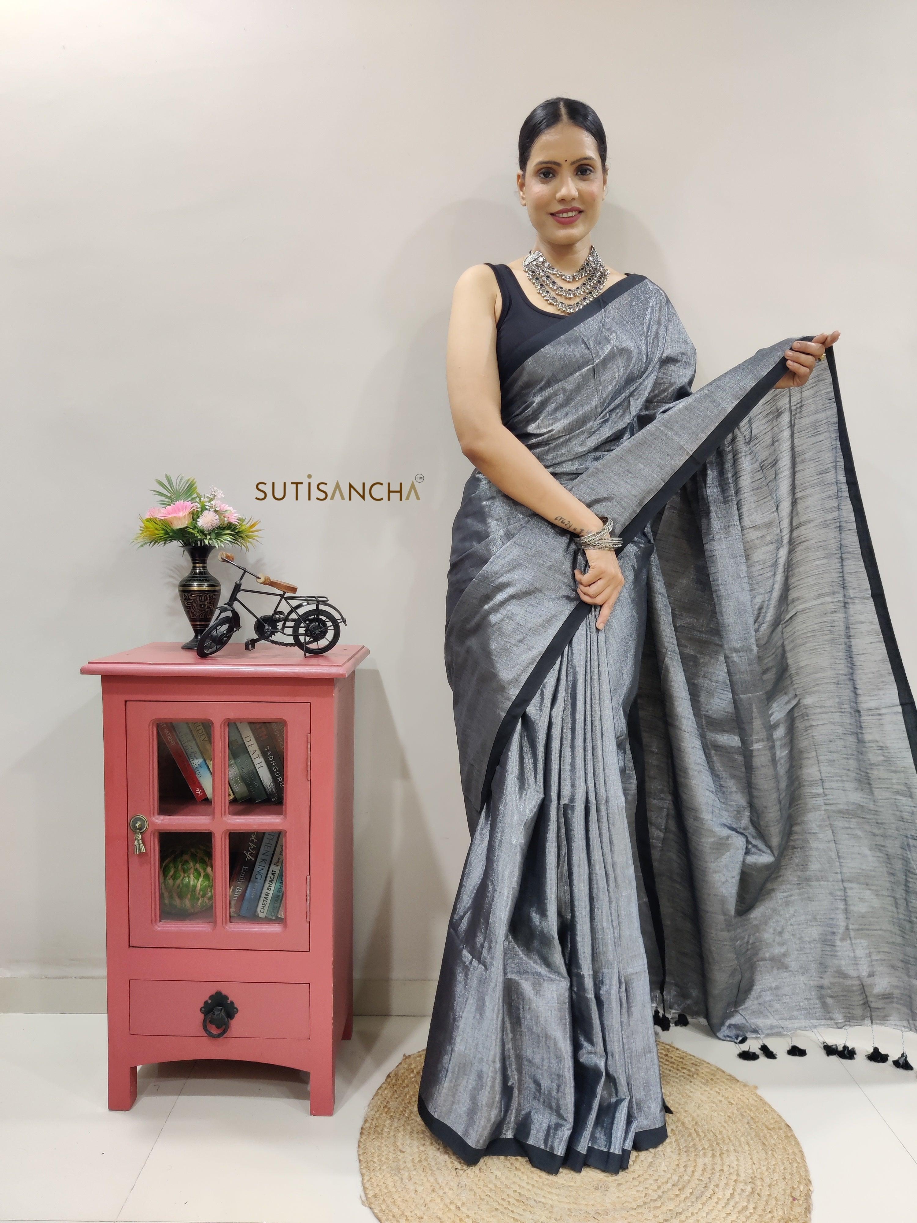 Grey Hand Woven Cotton Blend Tissue Saree - Suti Sancha