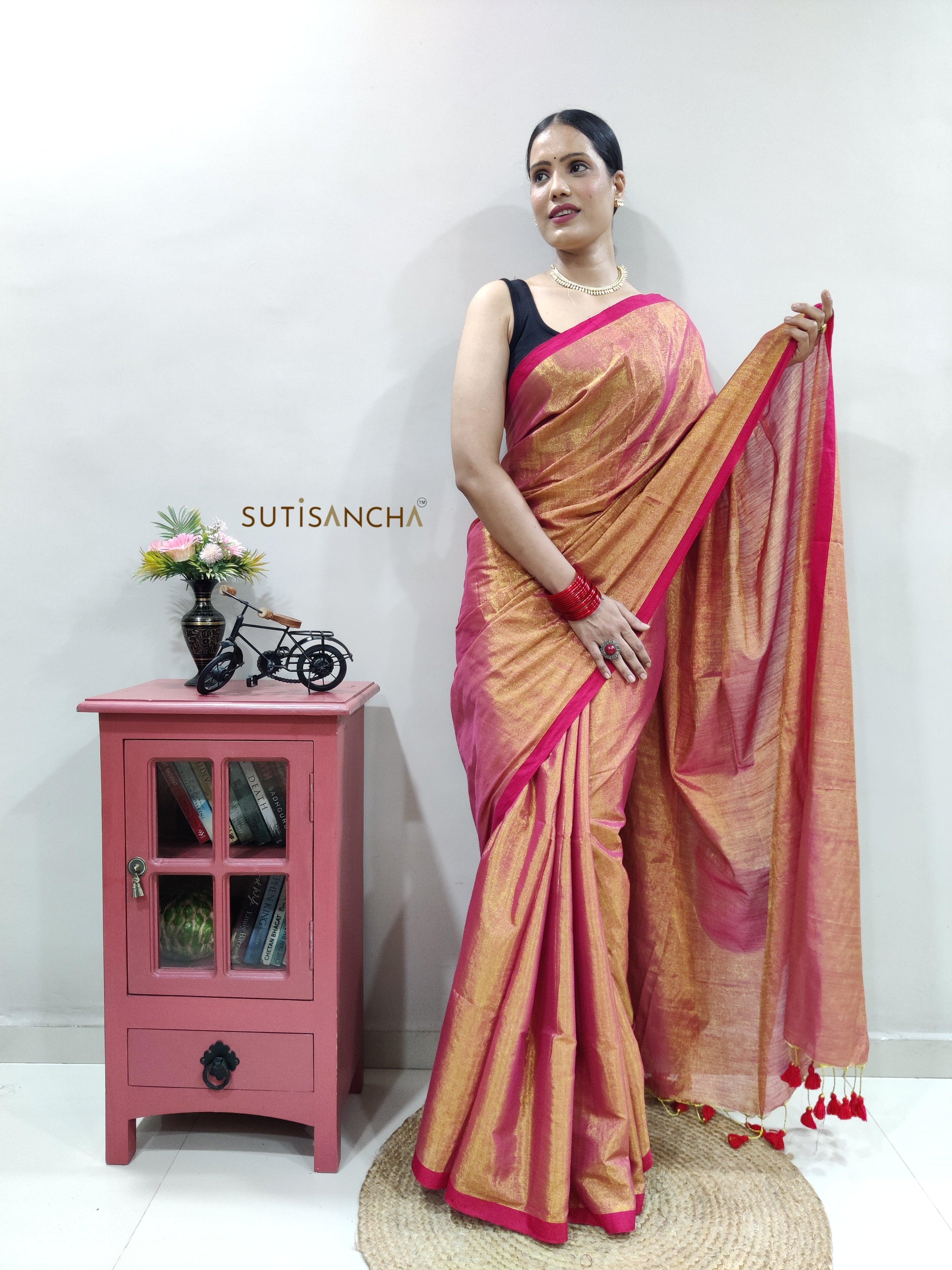 Buy Varkala Silk Sarees Sea Green & Pink Cotton Blend Solid Banarasi Saree  - Sarees for Women 11069322 | Myntra