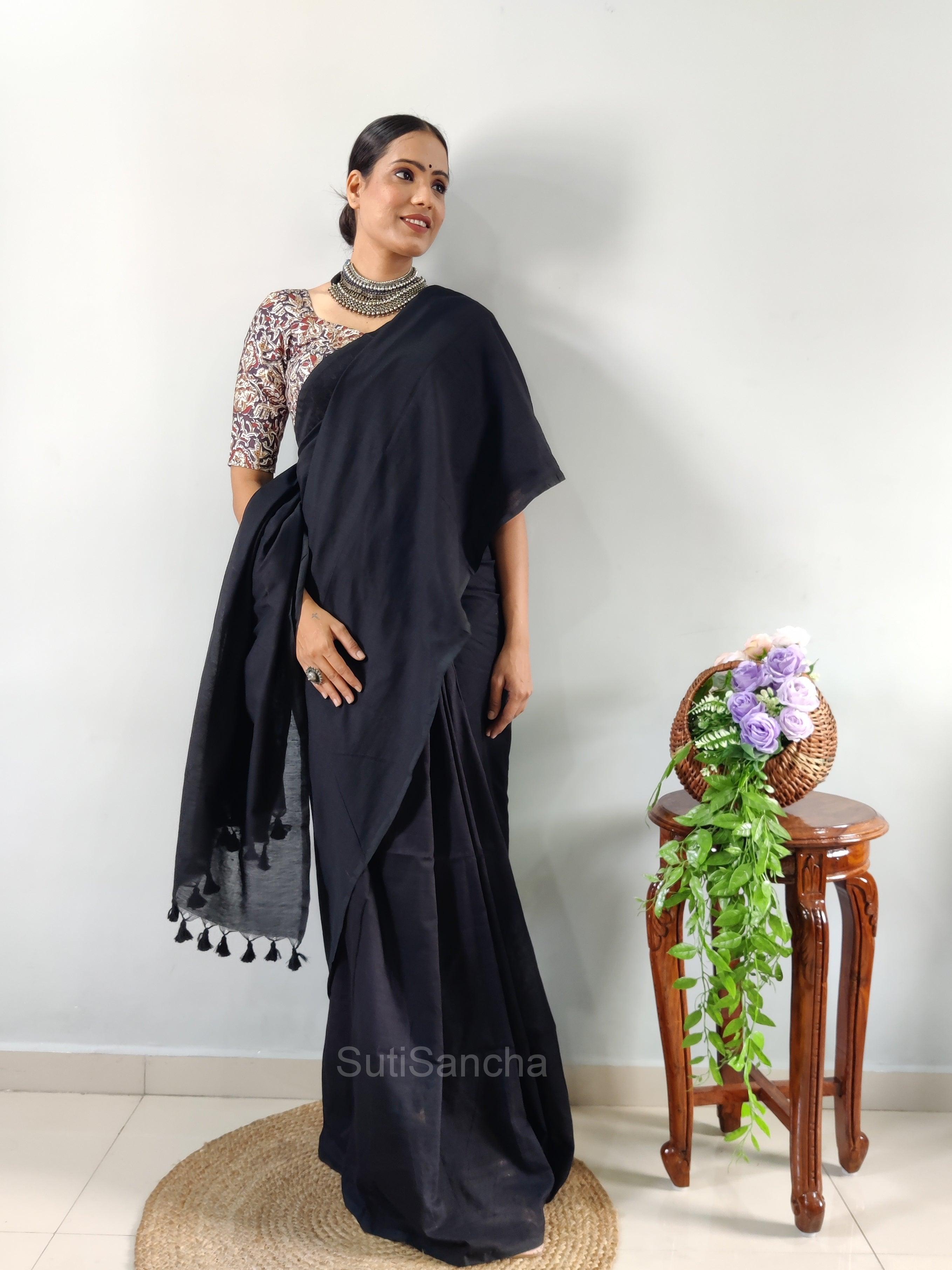 Sutisancha Black Khadi Saree & designer Blouse - Suti Sancha