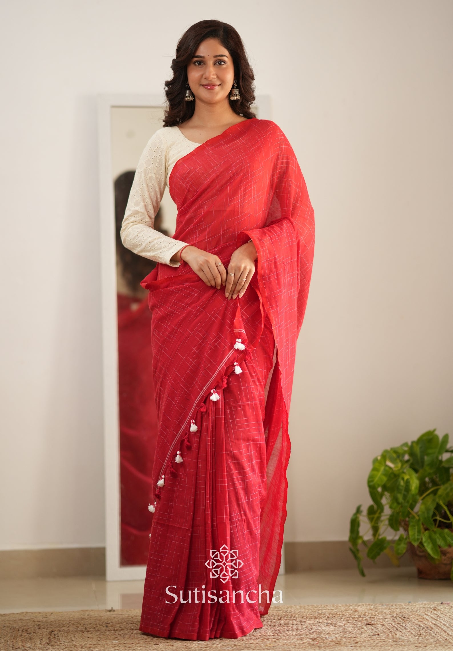 Sutisancha Red Handloom Cotton Saree with Trendy Kotki Checks Design