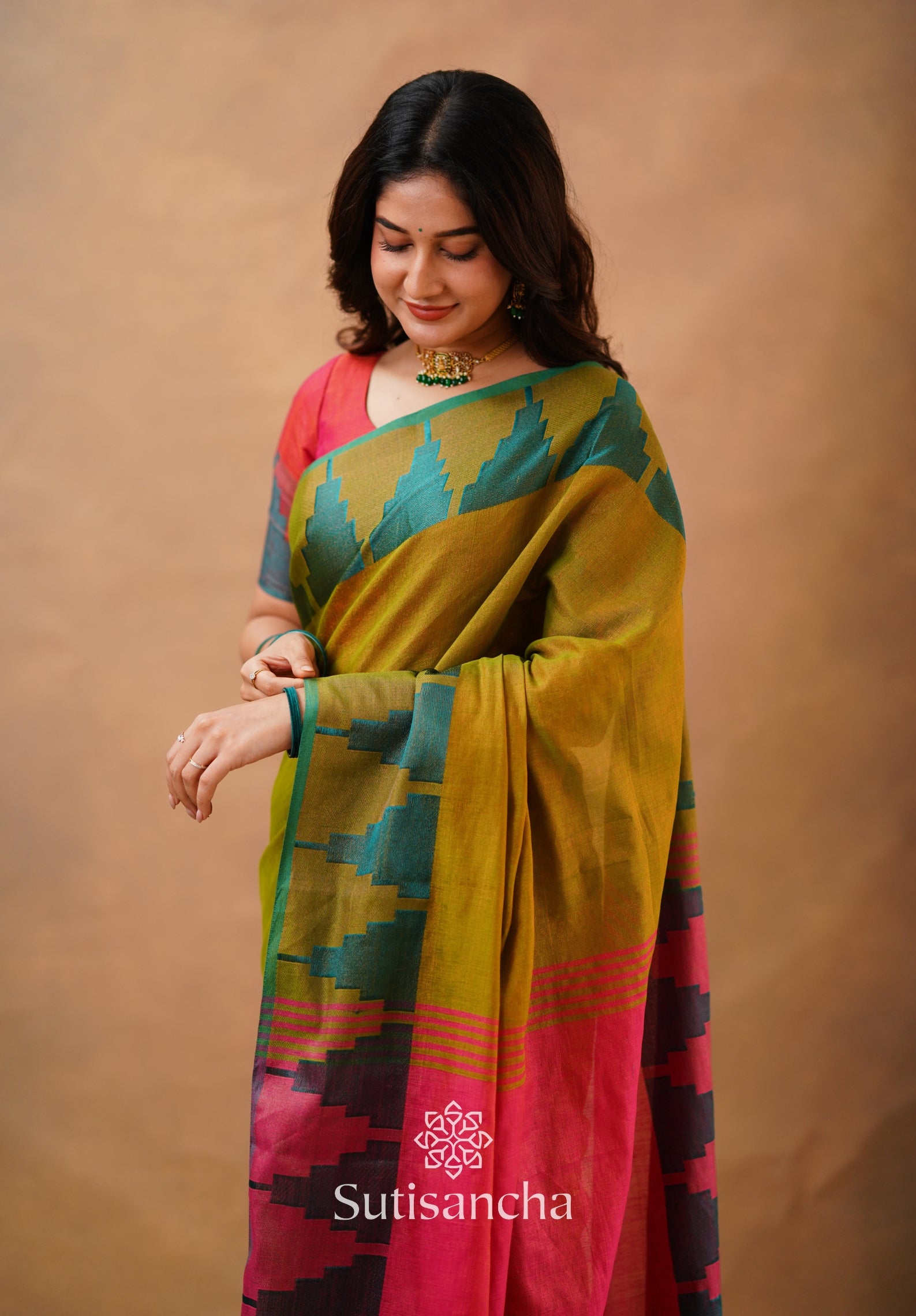 Tissue Cotton Handloom Saree with Artisanal Stepped Border