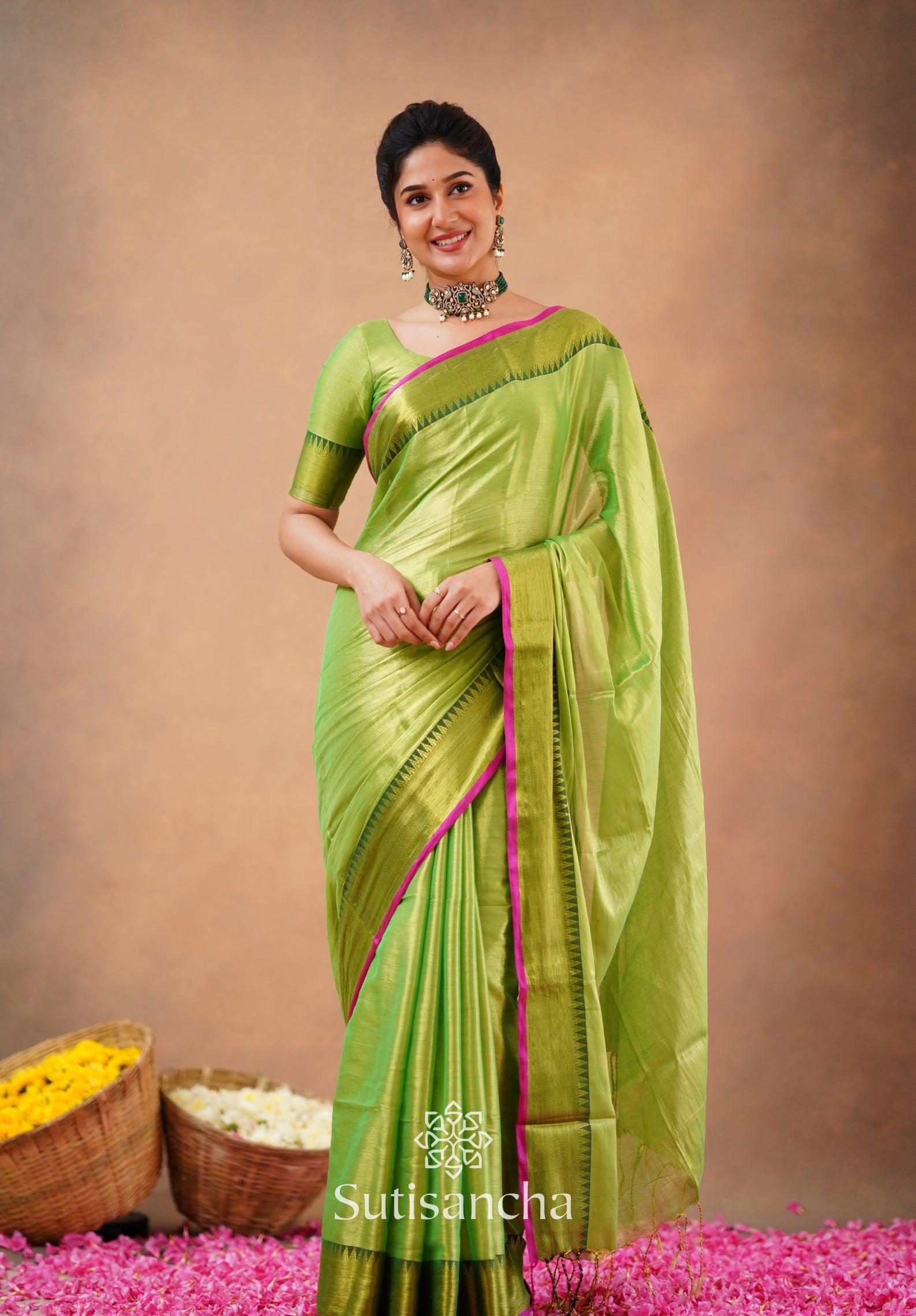 Sutisancha Parrot Handloom Tissue Saree