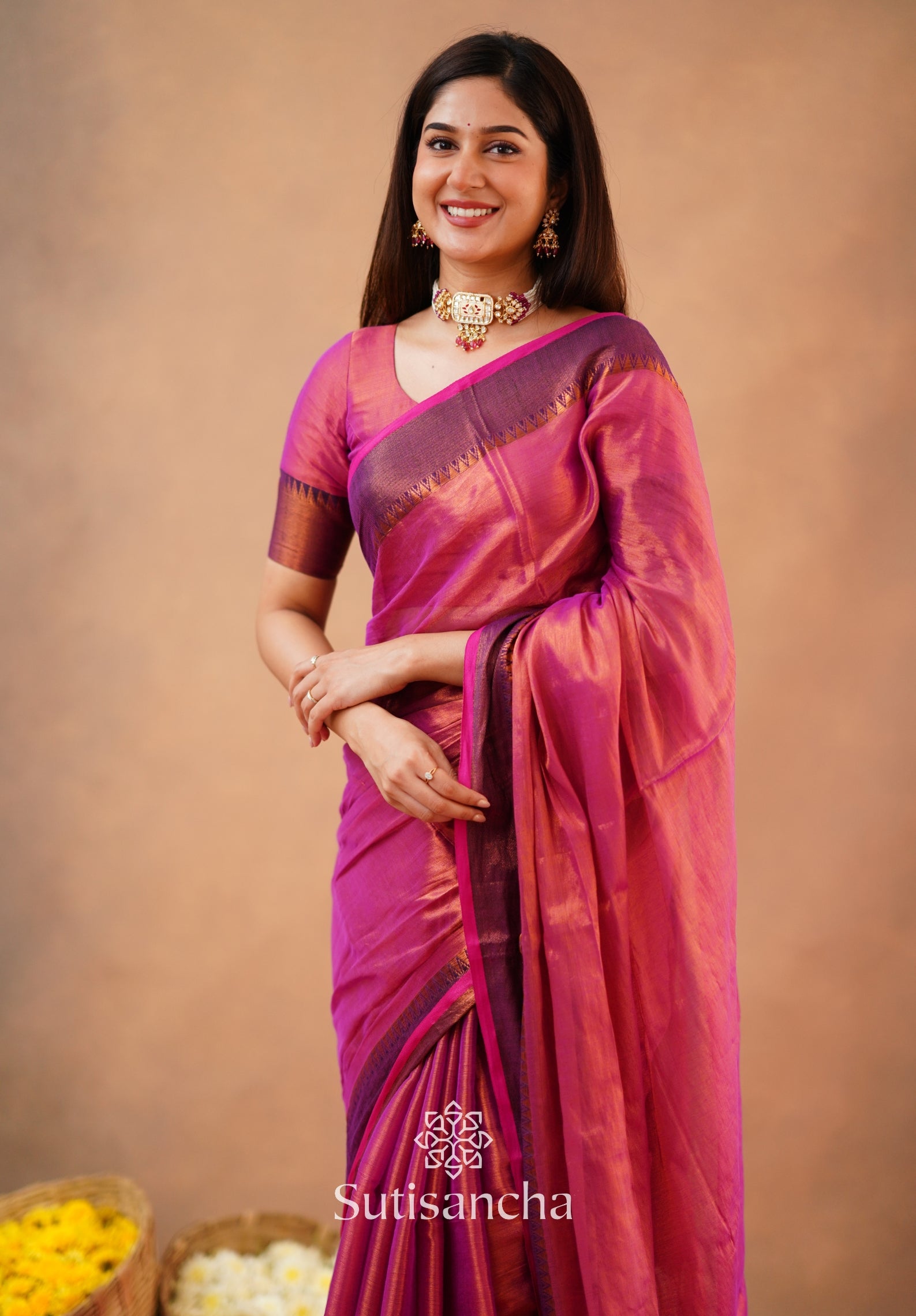 Sutisancha Peach Handloom Tissue Saree