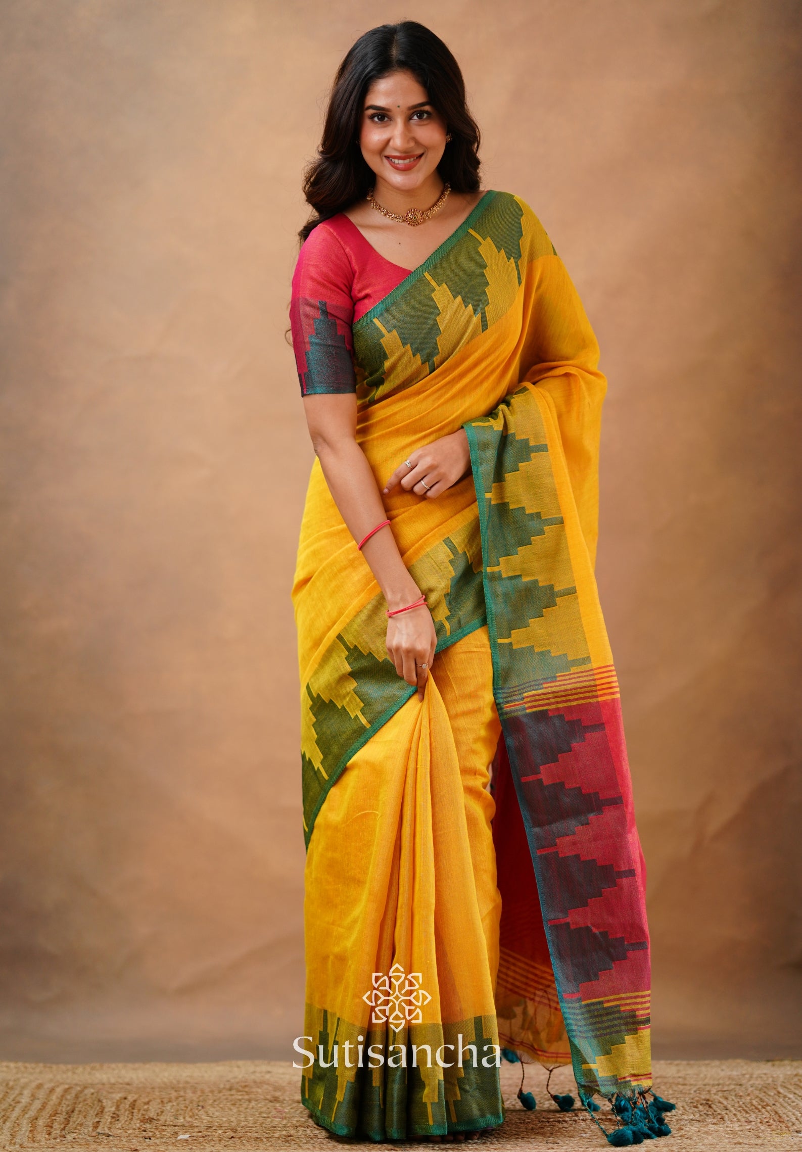 Tissue Cotton Handloom Saree with Artisanal Stepped Border