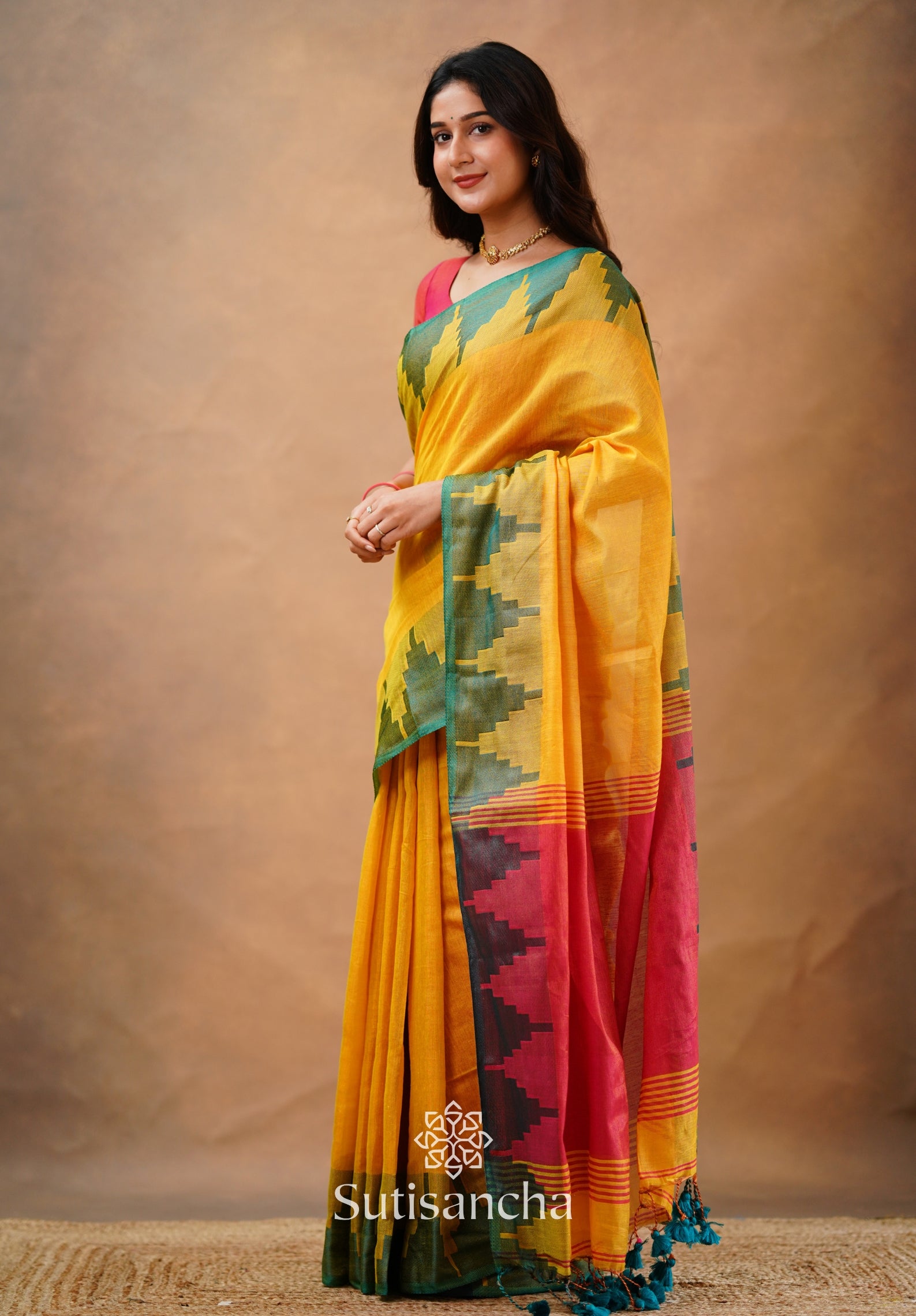 Tissue Cotton Handloom Saree with Artisanal Stepped Border