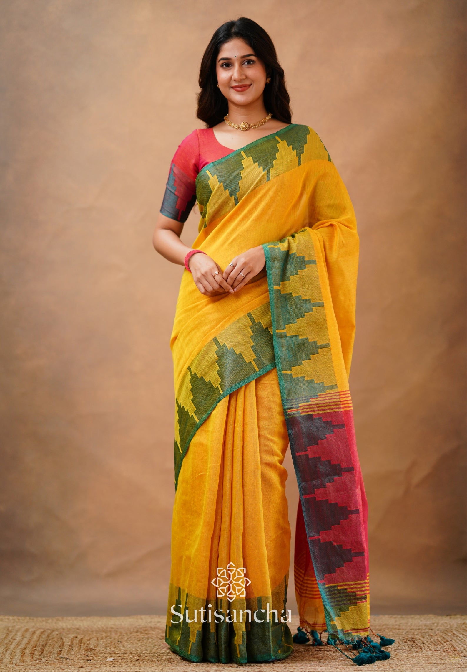 Tissue Cotton Handloom Saree with Artisanal Stepped Border