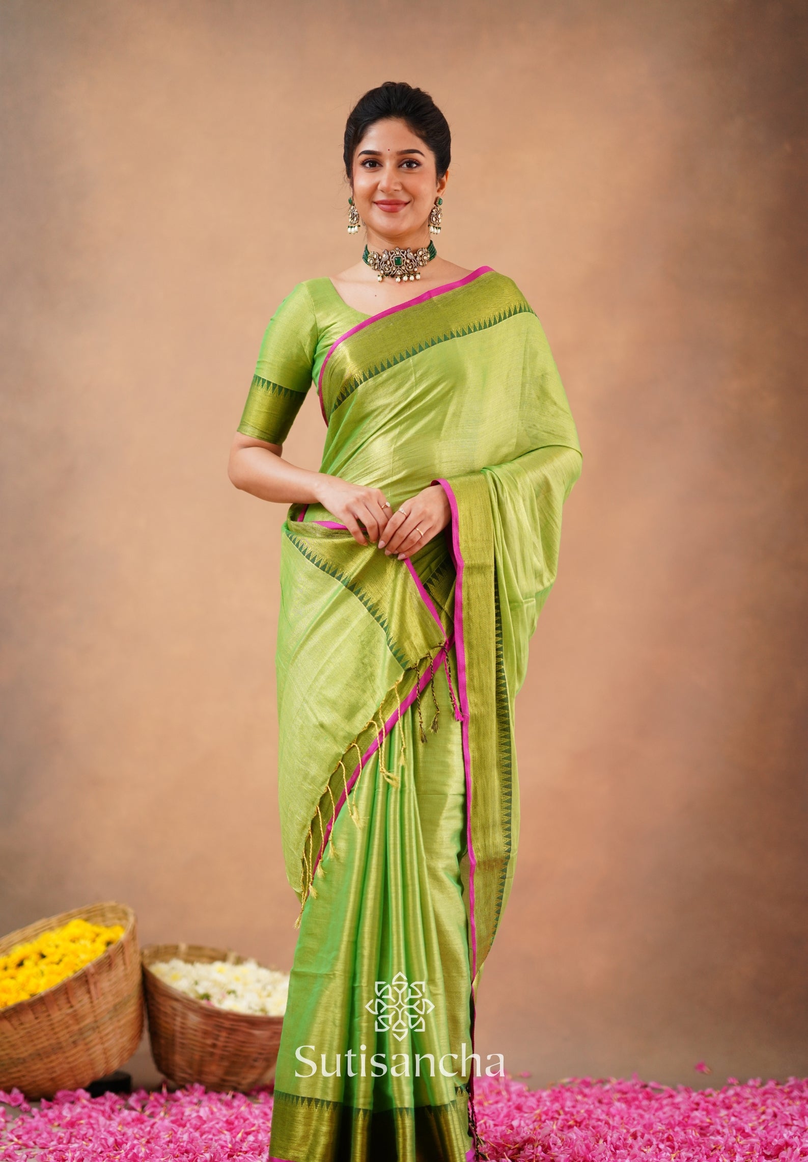 Sutisancha Parrot Handloom Tissue Saree