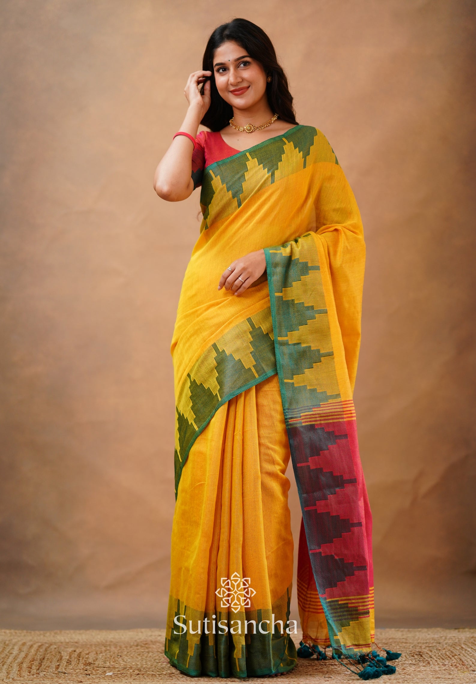 Tissue Cotton Handloom Saree with Artisanal Stepped Border