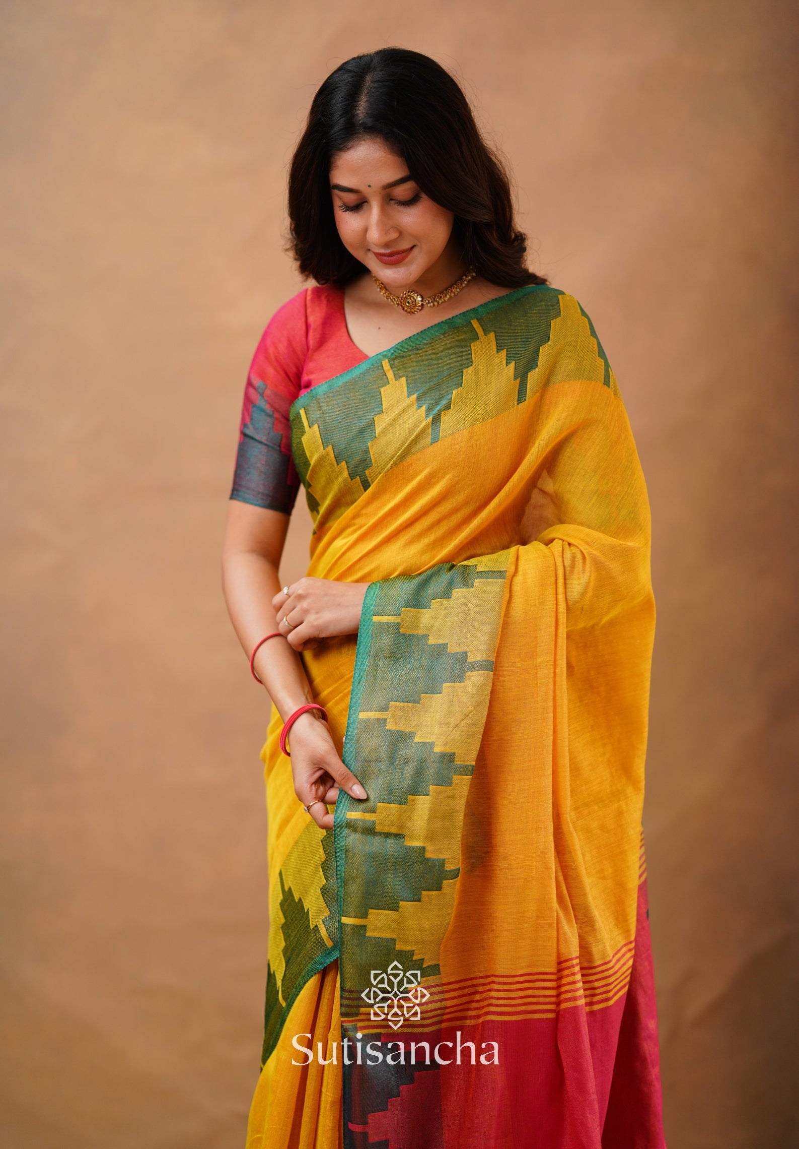 Tissue Cotton Handloom Saree with Artisanal Stepped Border