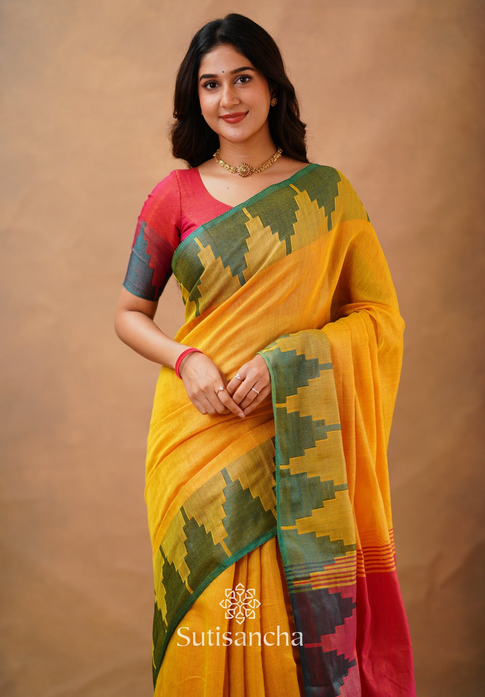 Tissue Cotton Handloom Saree with Artisanal Stepped Border