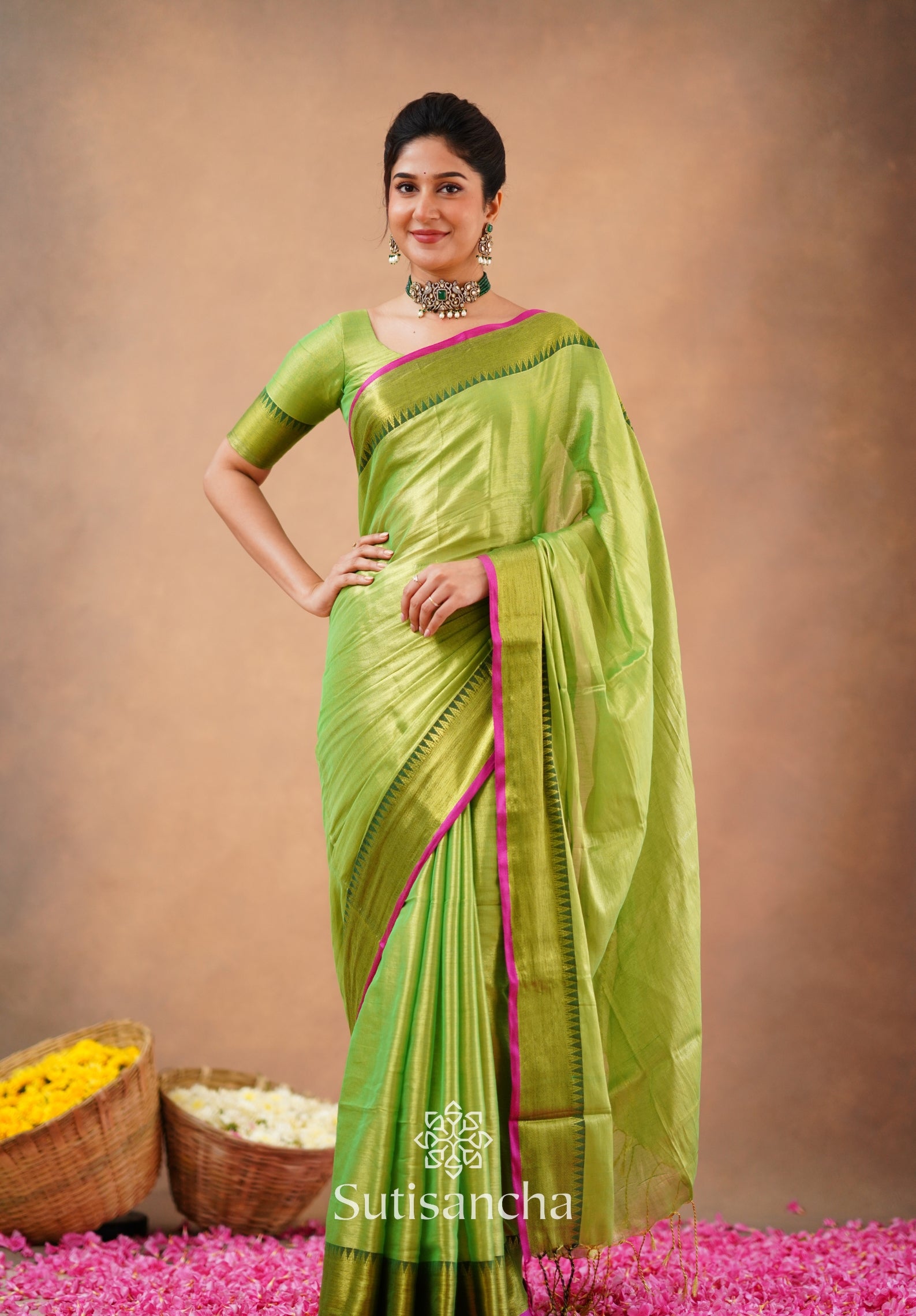 Sutisancha Parrot Handloom Tissue Saree