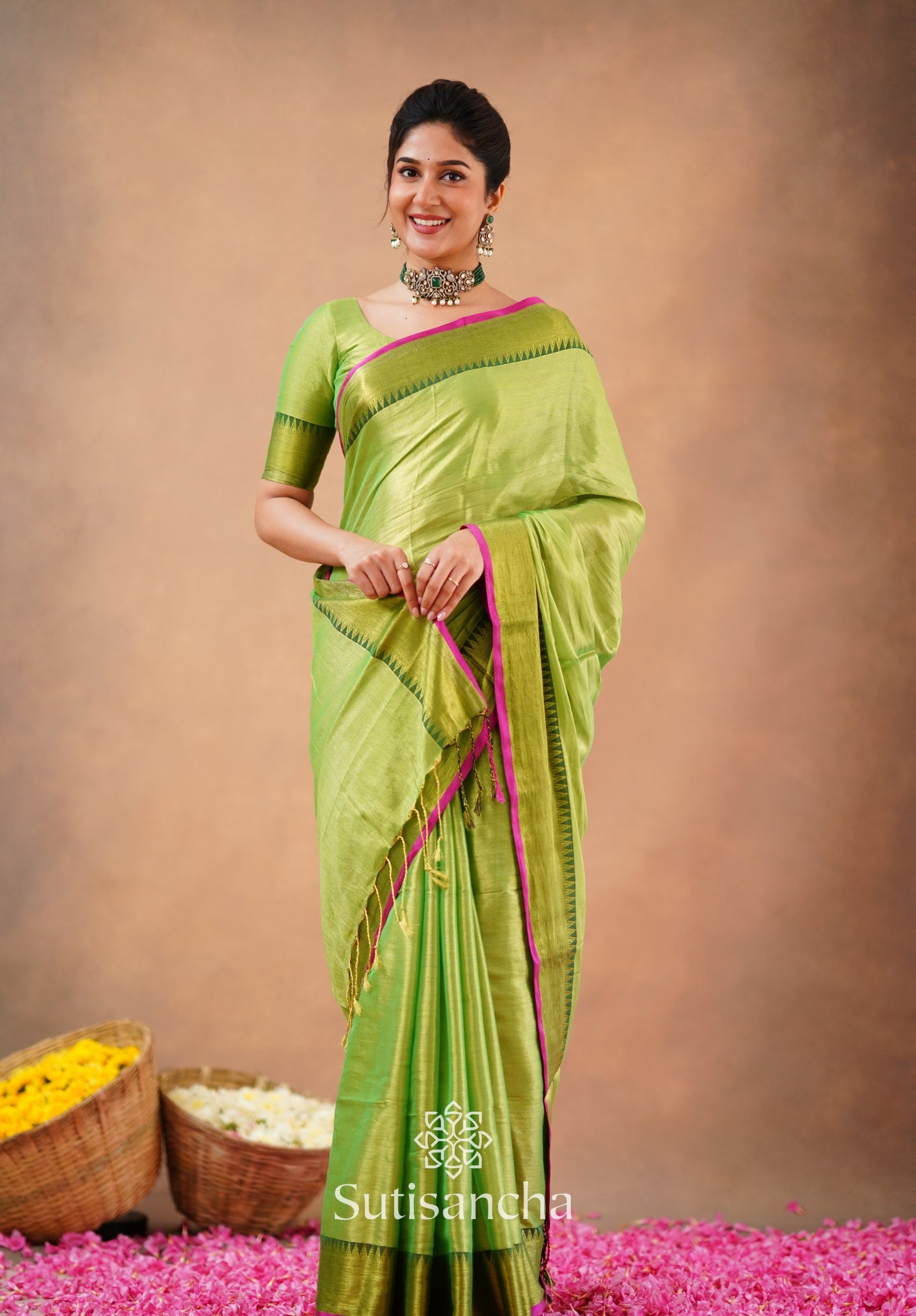 Sutisancha Parrot Handloom Tissue Saree