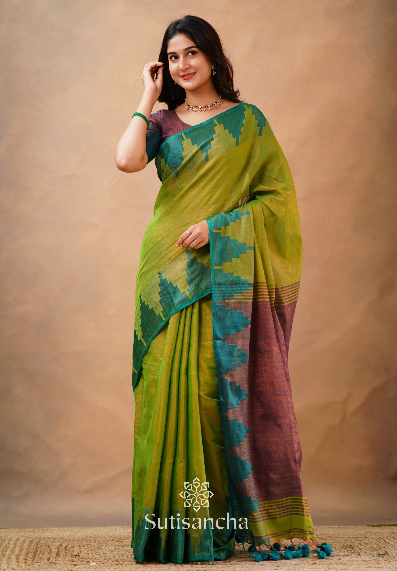 Tissue Cotton Handloom Saree with Artisanal Stepped Border