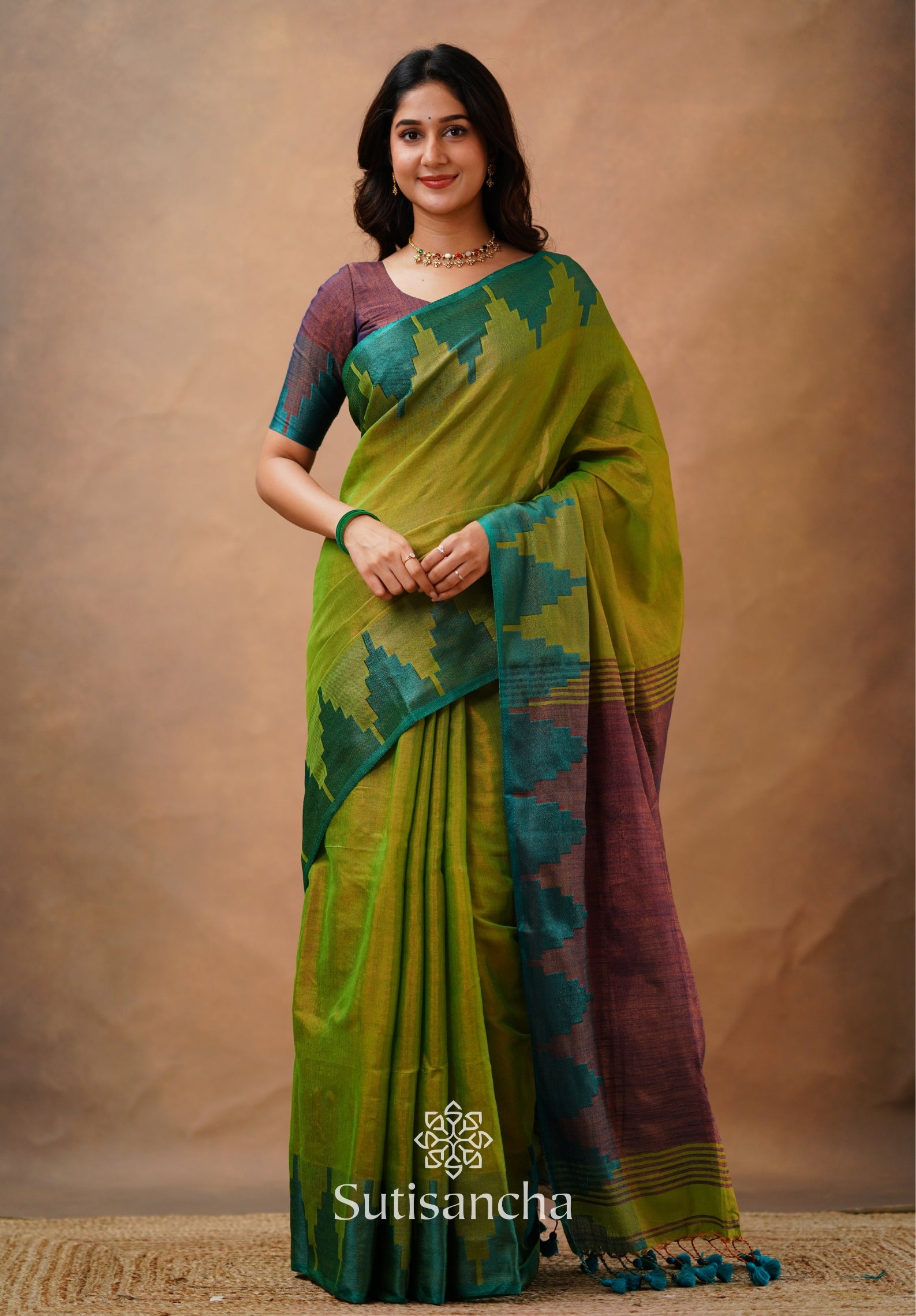 Tissue Cotton Handloom Saree with Artisanal Stepped Border