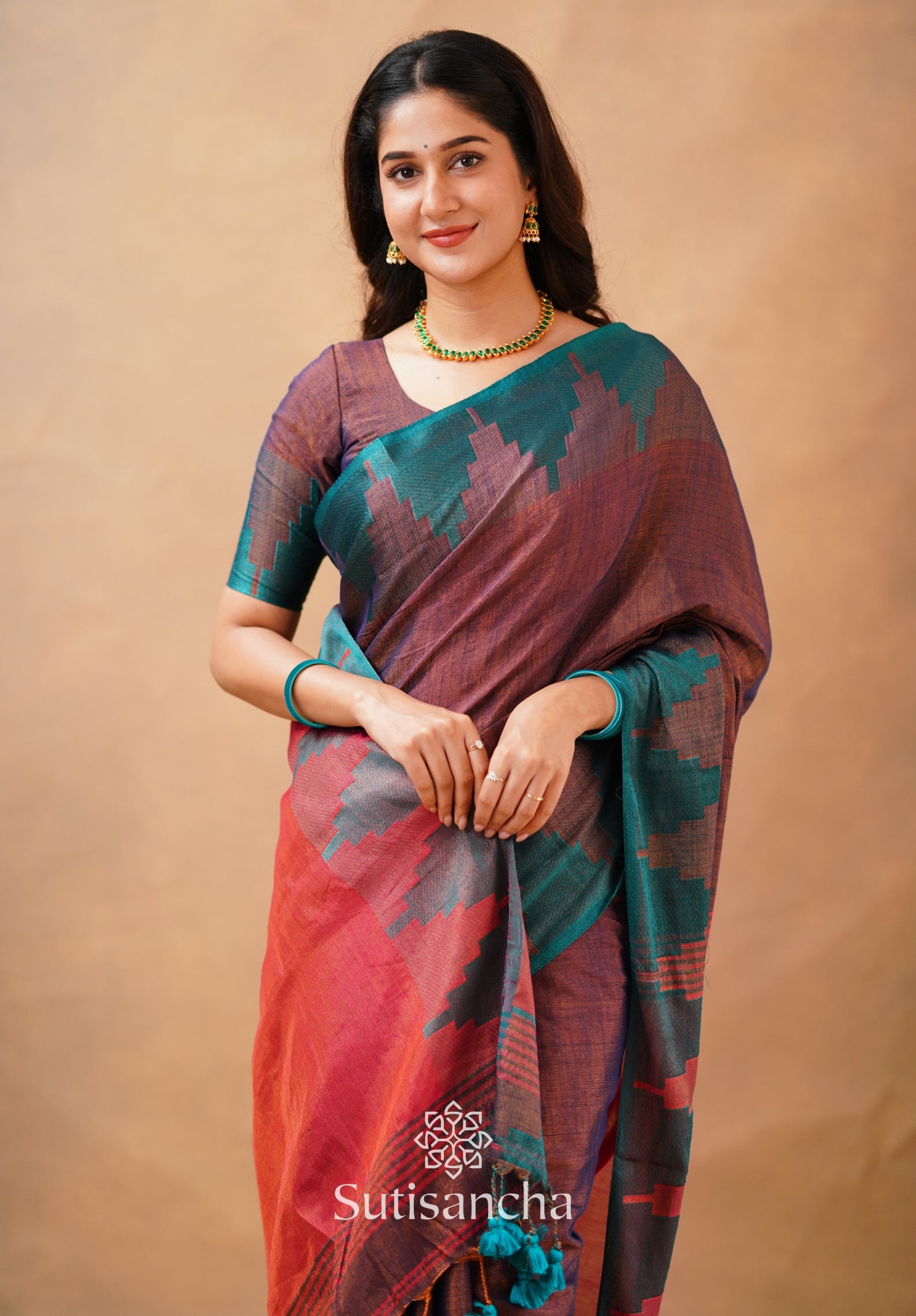 Tissue Cotton Handloom Saree with Artisanal Stepped Border